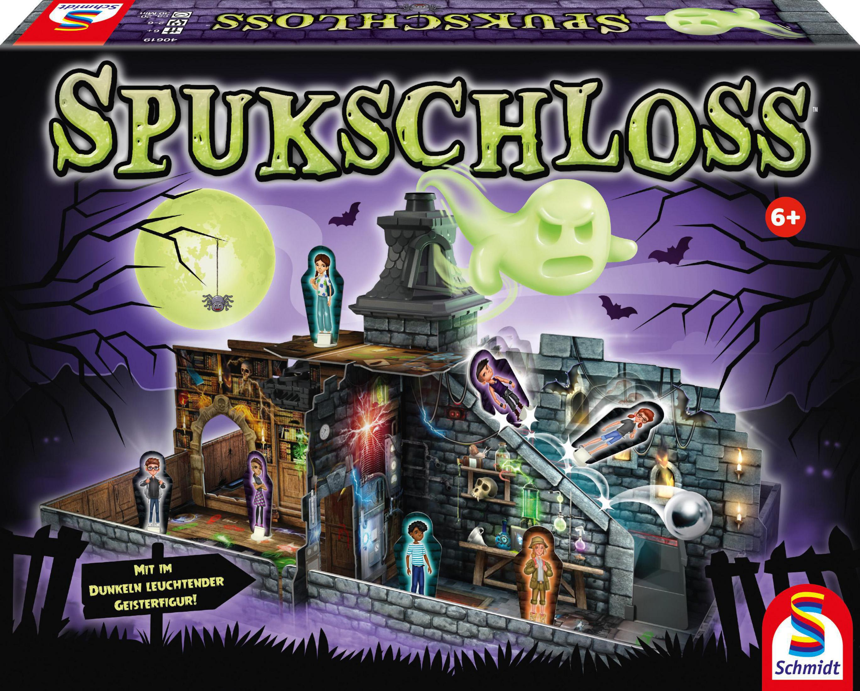 Brettspielbox mit Burg- und Geisterillustrationen.