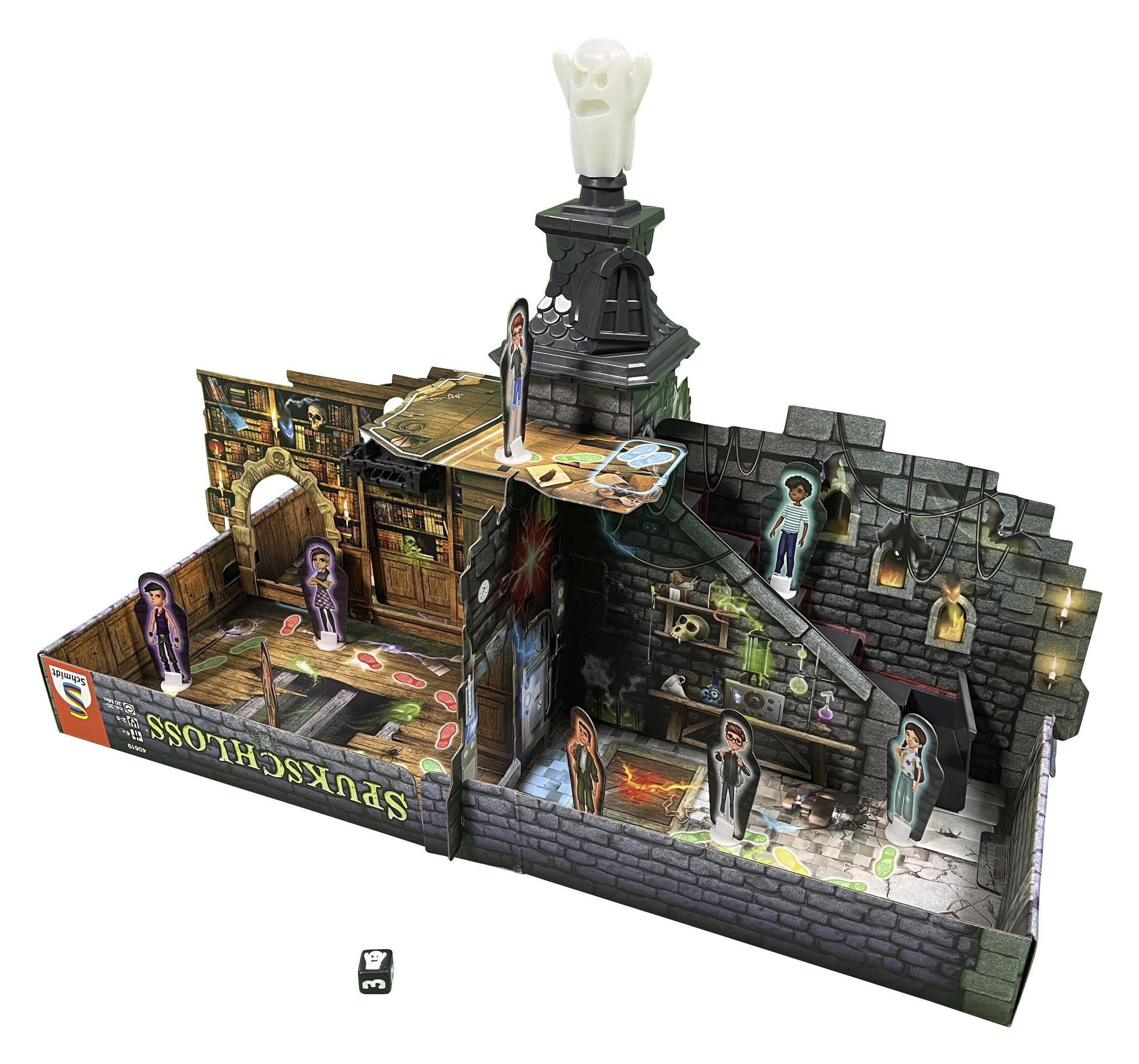 Spukschloss-Spielbrett mit Figuren und Geisterlicht.