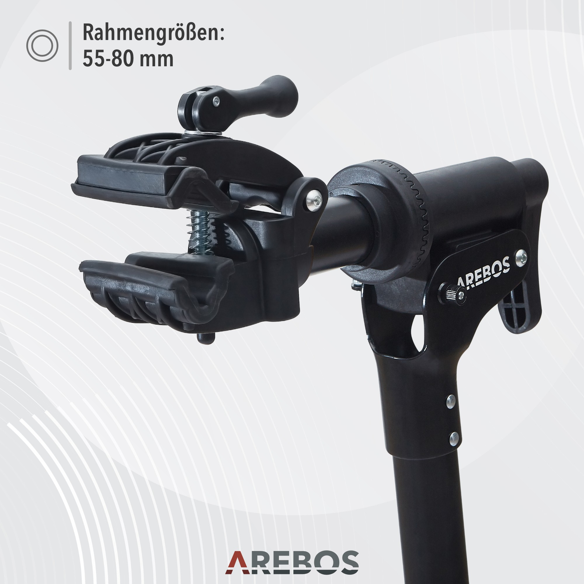 Ein schwarzer Fahrradreparaturständer mit Logo. Die Rahmengrößen betragen 55-80 mm. Der Ständer steht auf weißem Hintergrund.