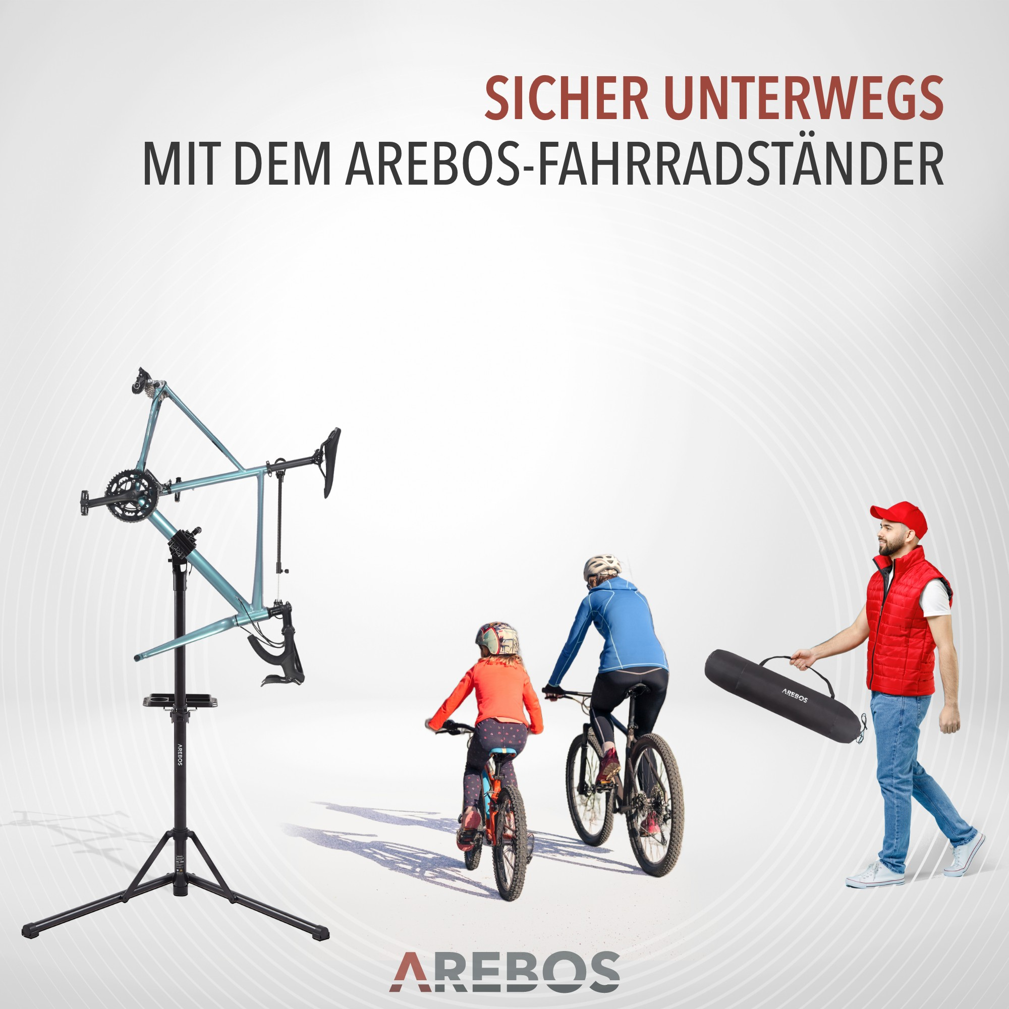 Personen mit Fahrrädern und einem Ständer. Text sagt 'AREBOS-FAHRRADSTÄNDER'. Eine Person trägt eine Tasche.