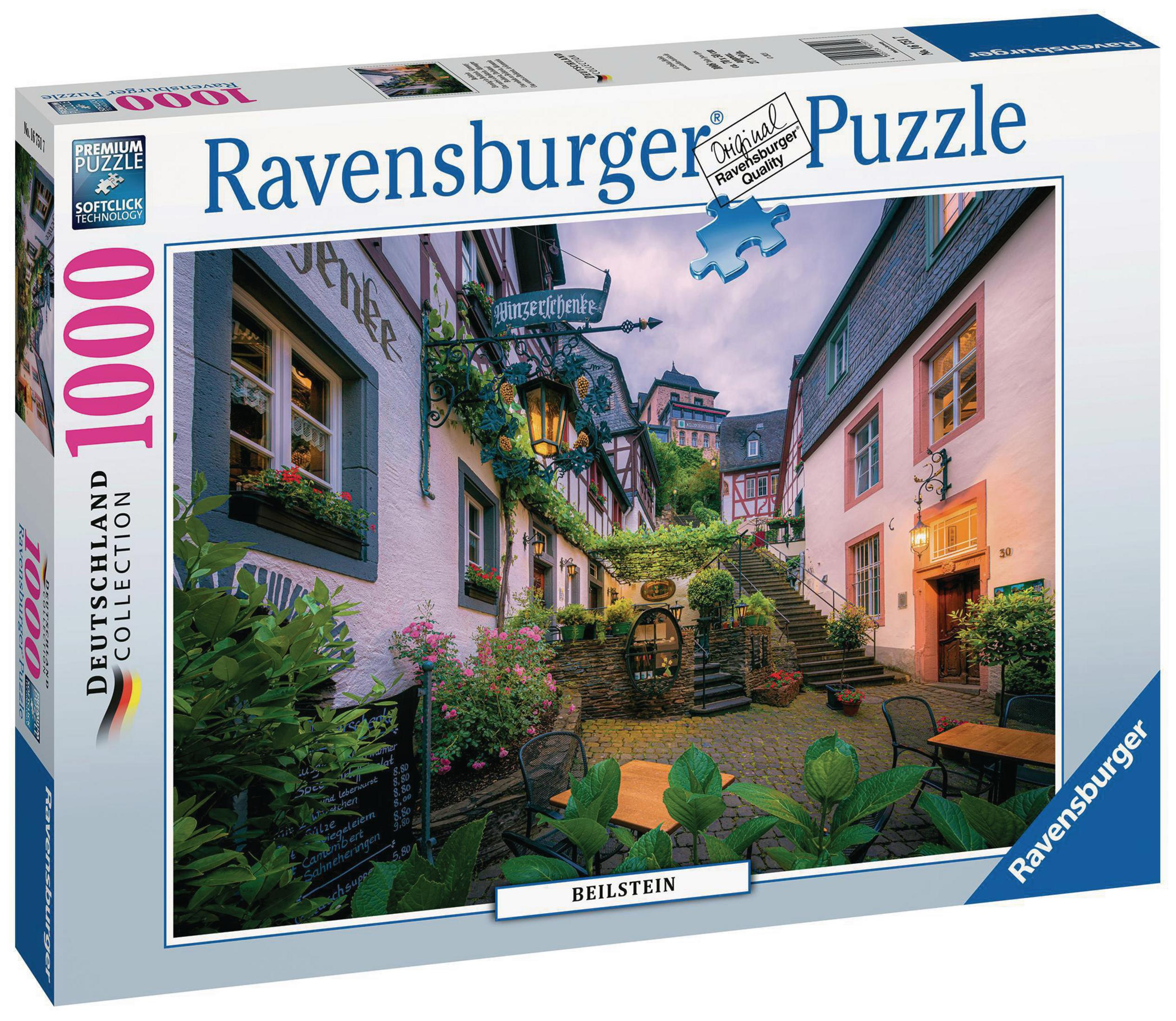 Una scatola di puzzle con un'immagine di una scena di strada a Beilstein, in Germania.