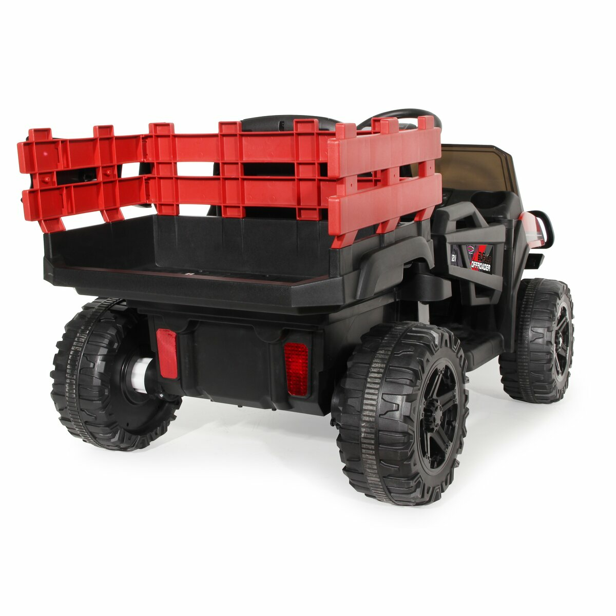 Ein schwarz-rotes Offroad-Spielzeugauto mit roter Ladefläche.