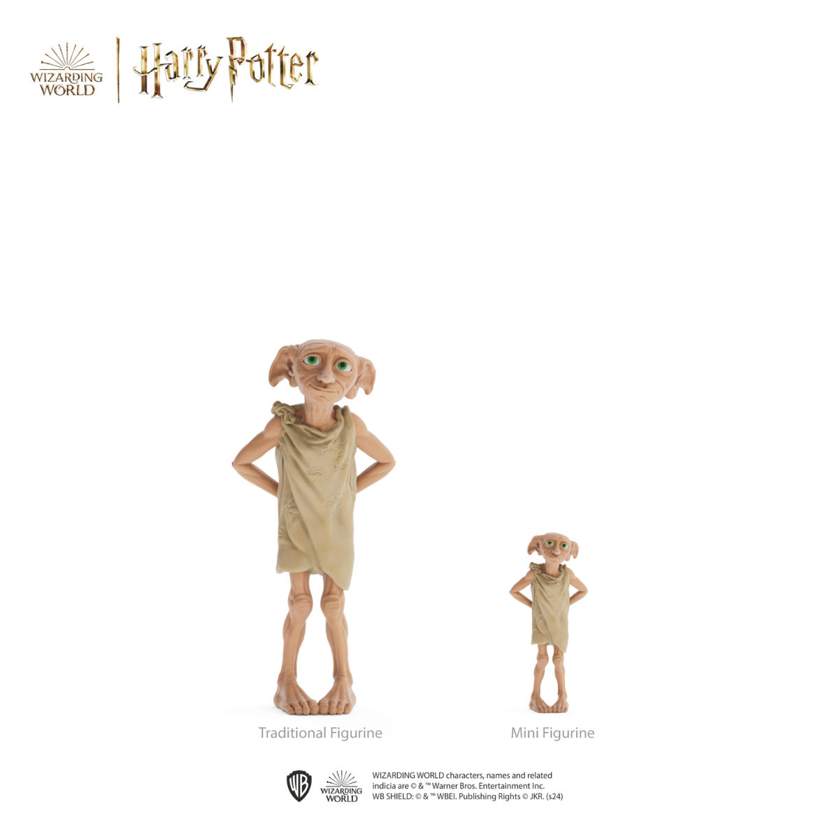 Dwie figurki Harry'ego Pottera: tradycyjny Dobby i mini Dobby, na białym tle.