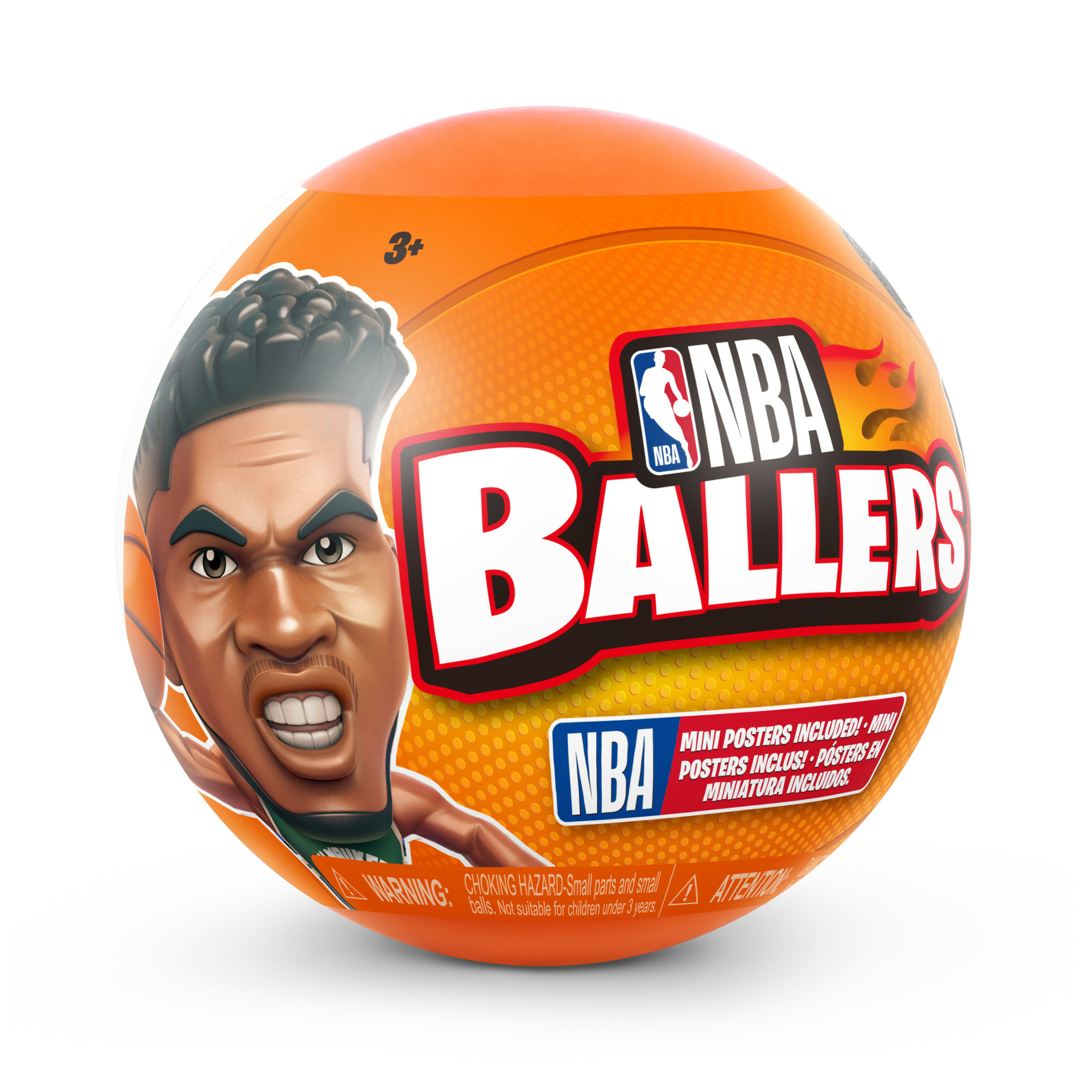 Ein orangefarbenes, basketballförmiges Spielzeug mit einer Cartoonfigur eines Mannes darauf.