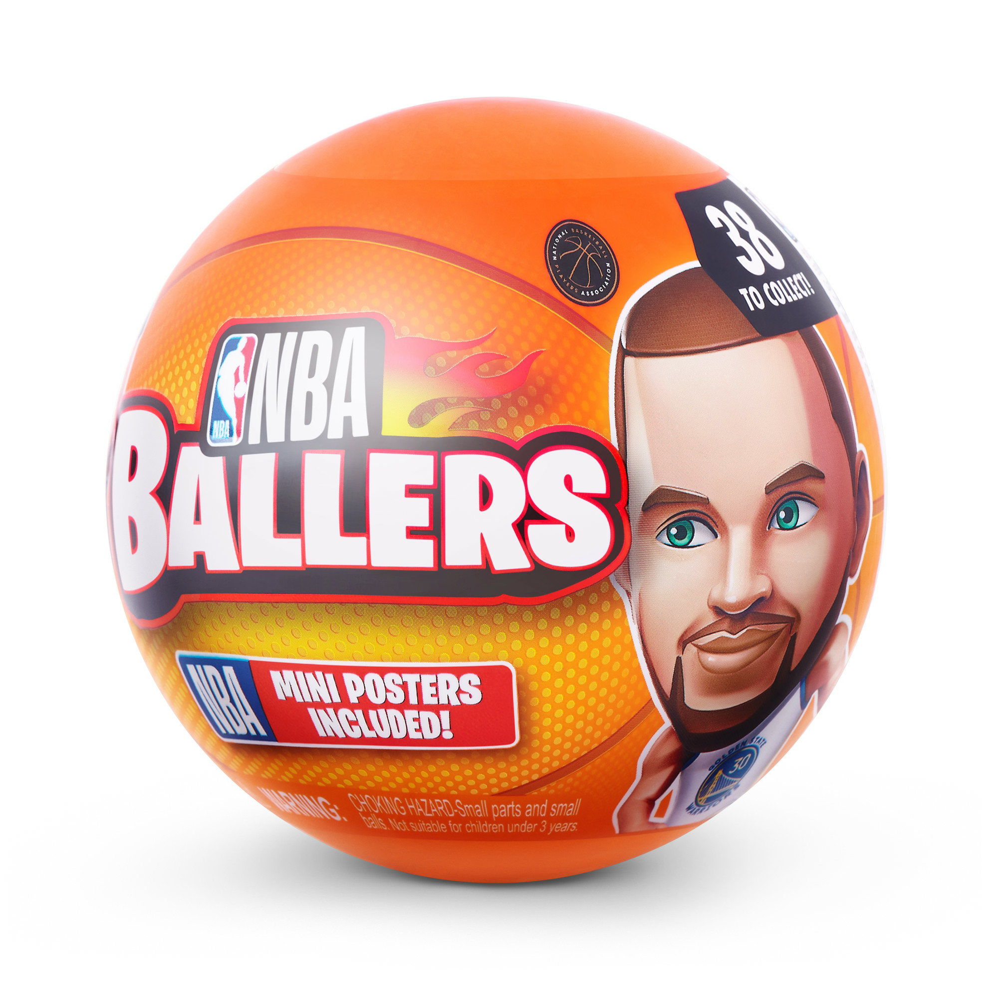 Oranges basketballförmiges Spielzeug mit NBA Ballers Logo und einem Bild eines Mannes.