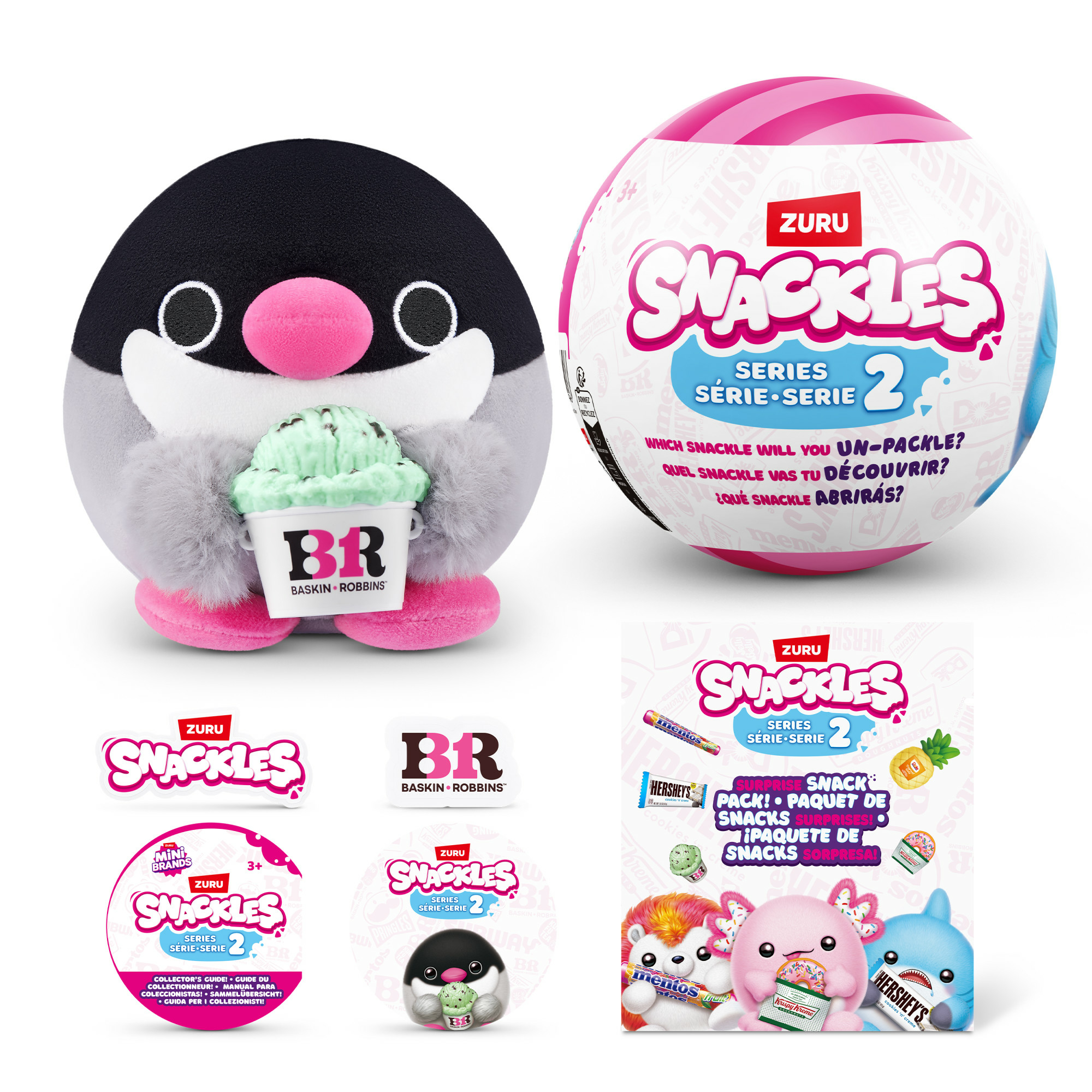 Ein Pinguin-Plüschtier, das Eis hält, und andere Snack-Spielzeuge mit Logos.