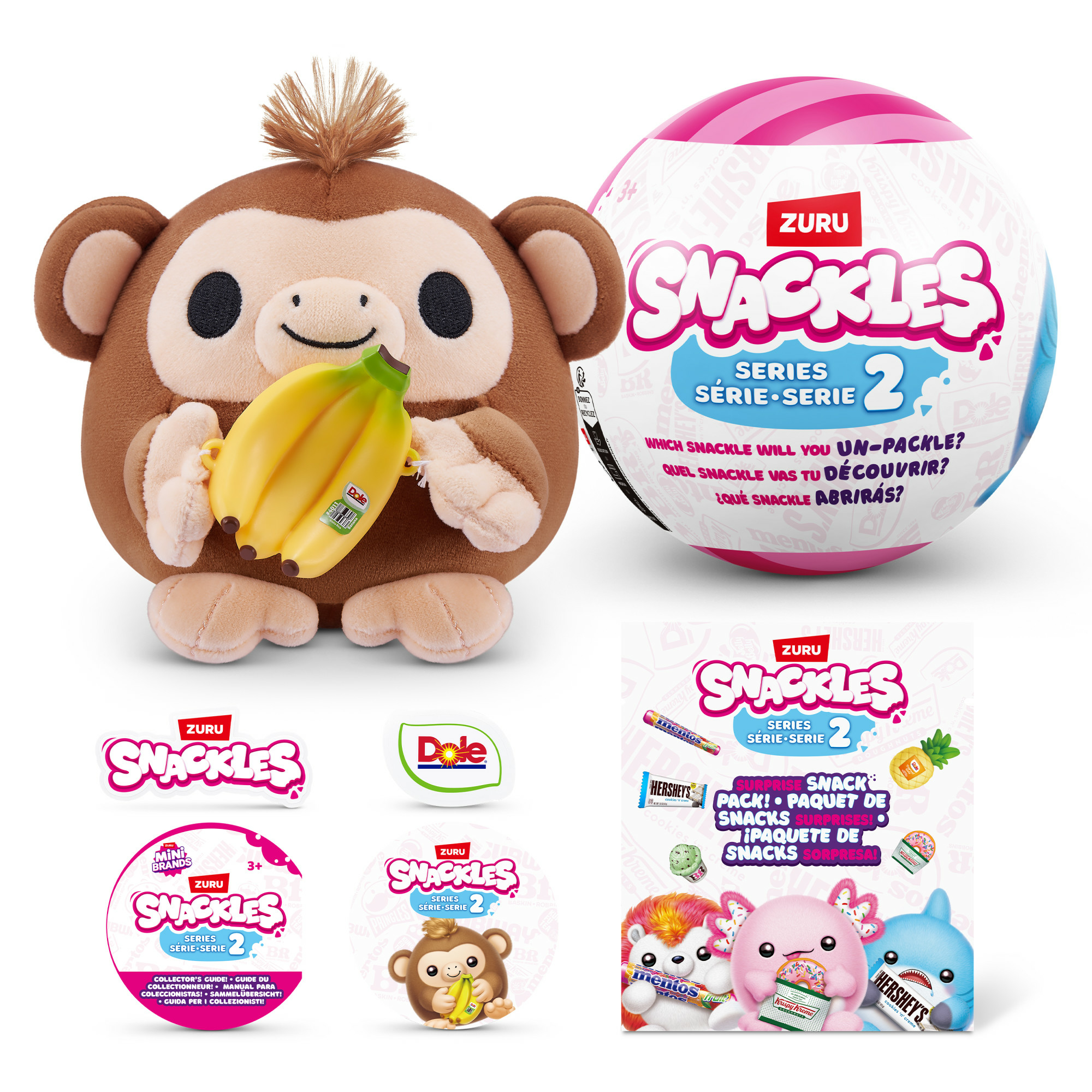 Affen-Plüschtier mit Banane, plus Snackball und Snack-Verpackungen.