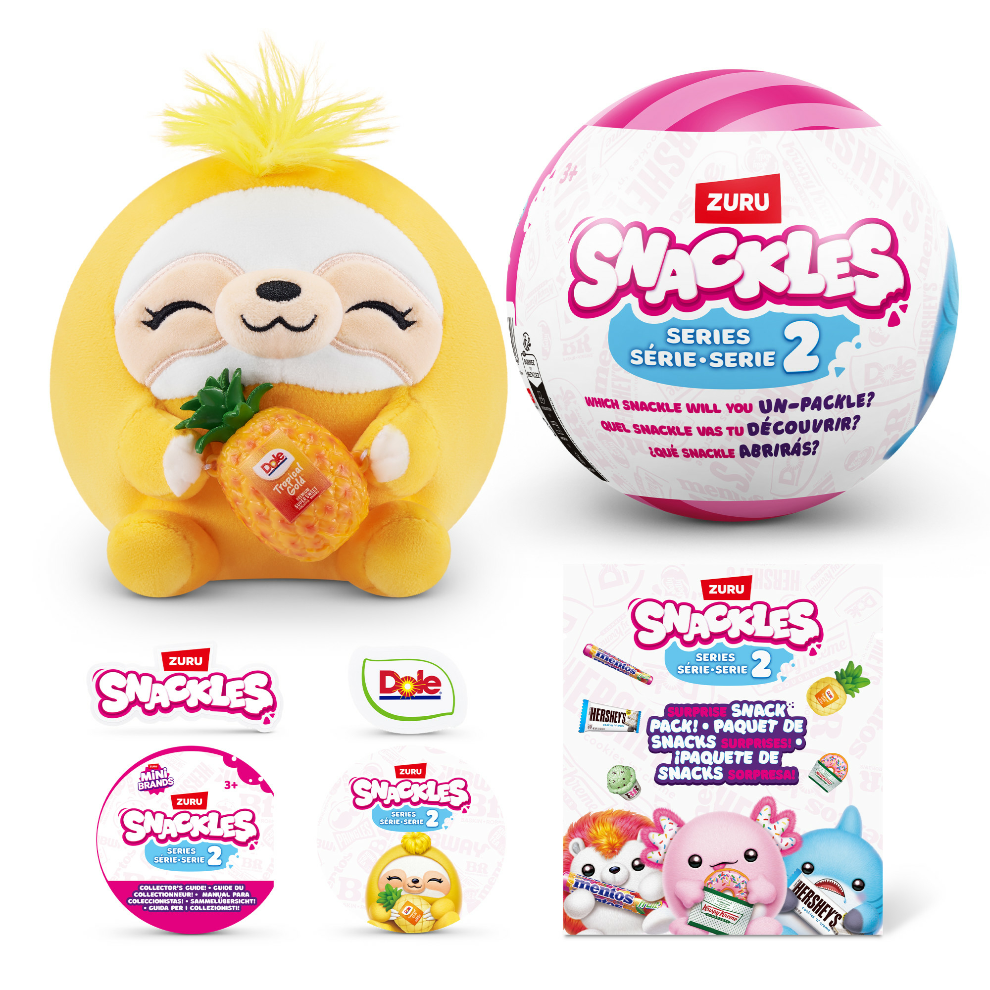 Ein gelbes Faultier-Plüschtier, das eine Ananas hält. Außerdem ein Snackle-Ball und andere Snackle-Artikel.