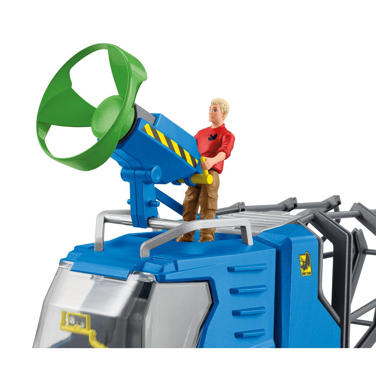 A blue airboat toy with a person standing on top. A green propeller is on the airboat.