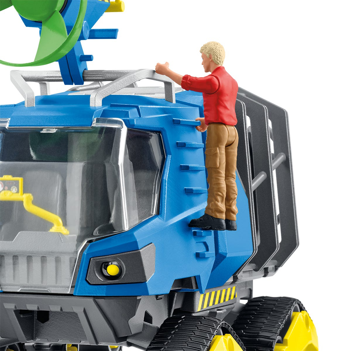 A toy truck with a figure standing on top. Blue, white, and yellow colors are prominent.