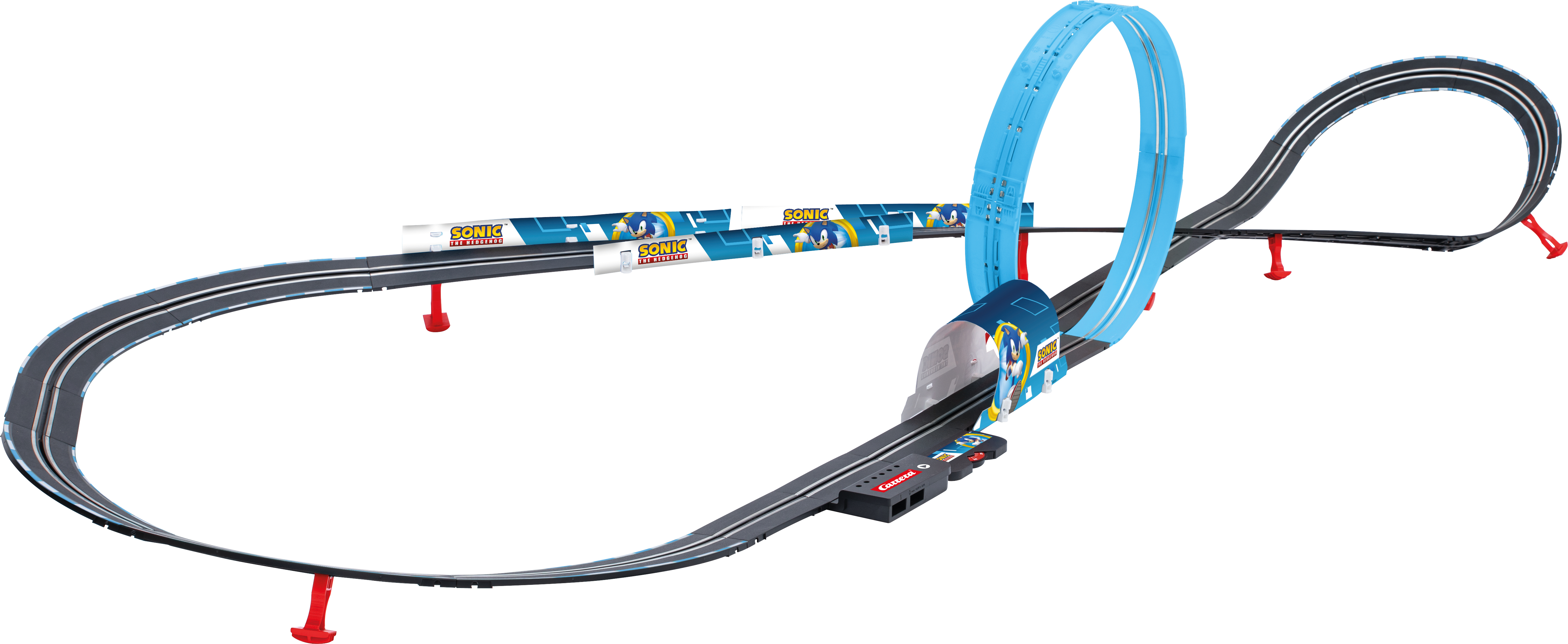 Une piste de course automobile avec une boucle et des barrières de marque Sonic. La piste est noire et bleue.