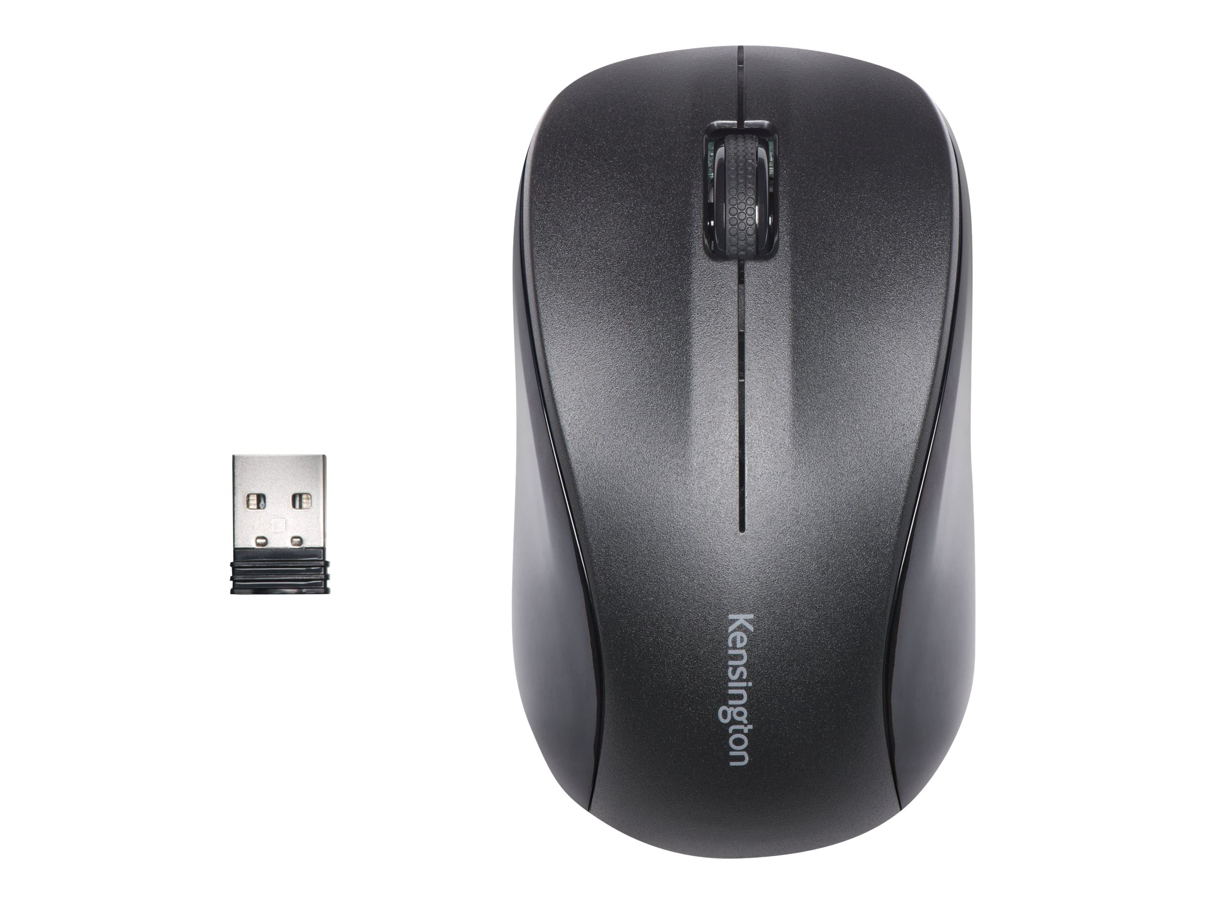 Donkergrijze draadloze muis met een USB-ontvanger ernaast. De muis heeft een Kensington-logo.