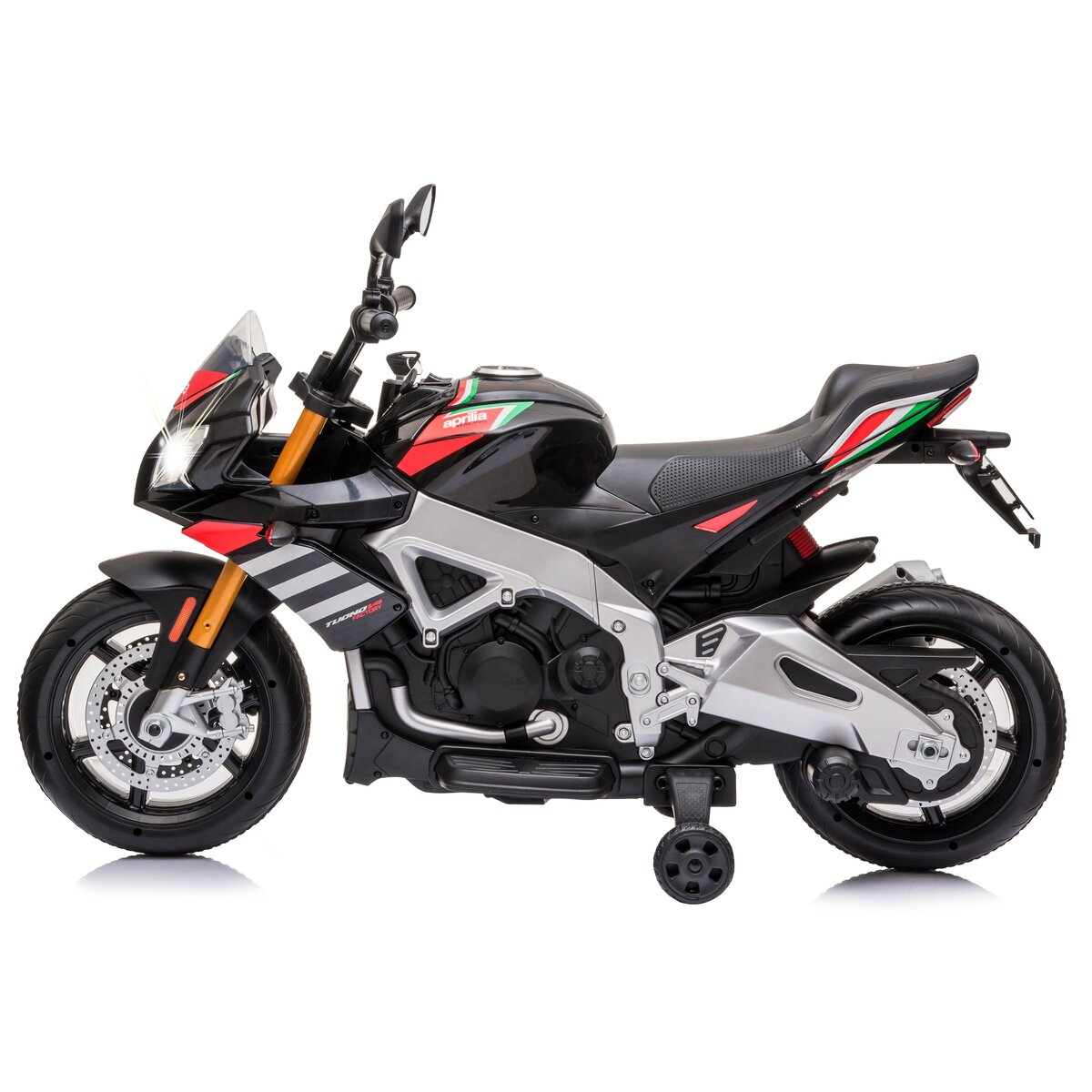 Motocicleta de juguete negra, roja y plateada con ruedas de entrenamiento sobre fondo blanco.