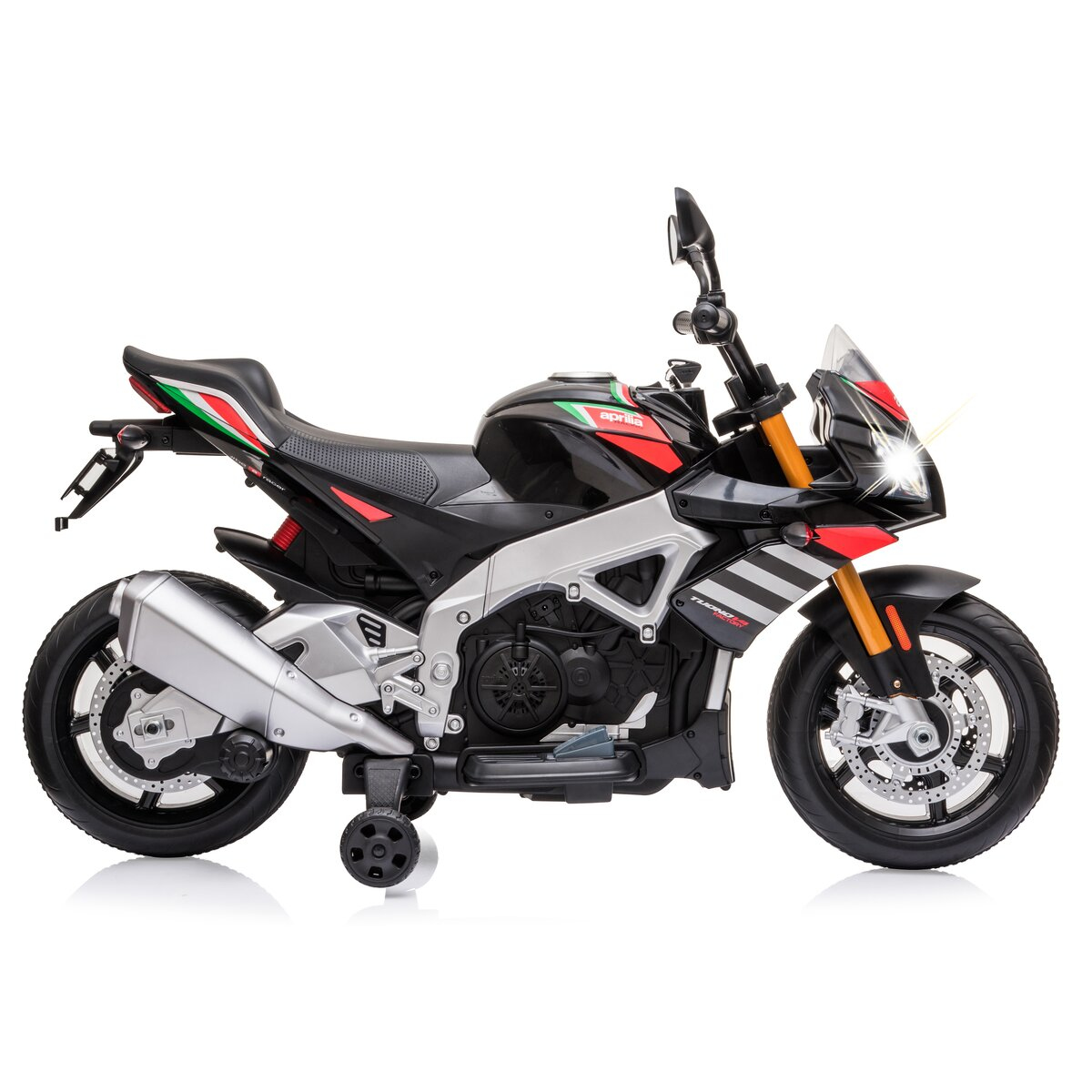 Motocicleta de juguete negra y plateada con ruedas de entrenamiento, sobre fondo blanco.