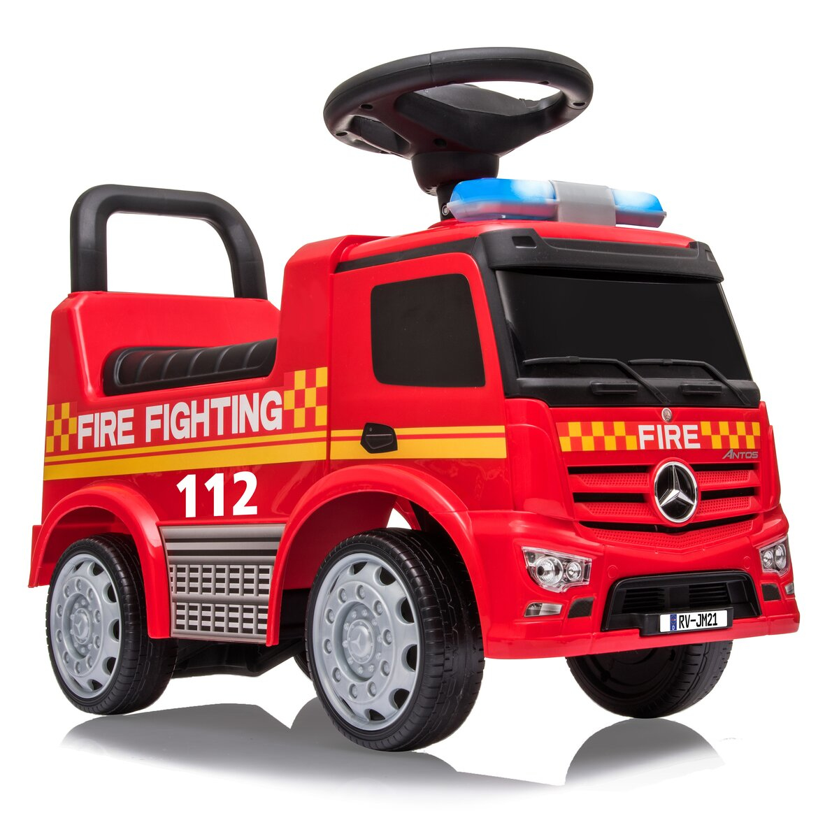 Roter Spielzeug-Feuerwehrwagen mit Lichtern, Rädern und der Nummer 112. Weißer Hintergrund.