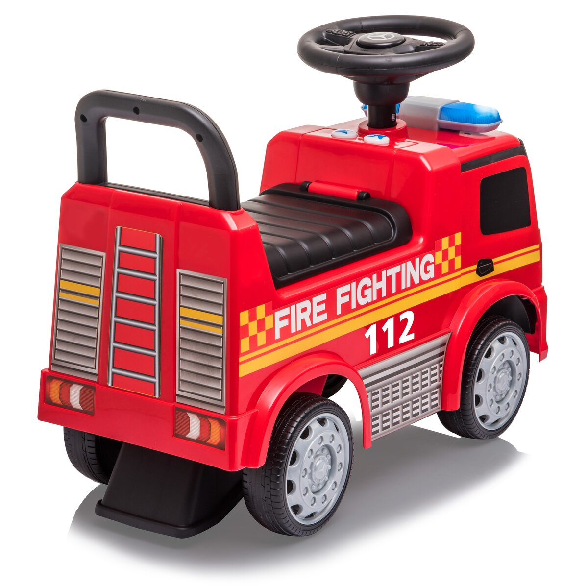 Roter Spielzeug-Feuerwehrwagen mit Griff. Hat einen Sitz, Räder und ein Lenkrad.