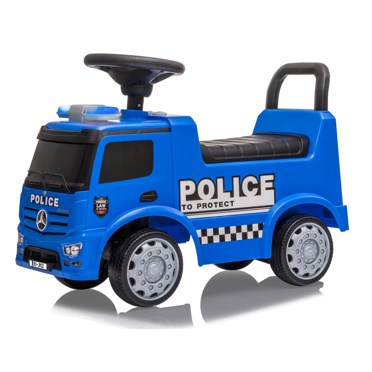 Ein blauer Polizei-Spielzeug-LKW mit schwarzen Rädern. Auf der Seite steht das Wort POLICE.