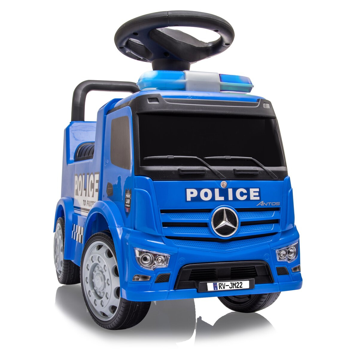 Ein blaues Polizeispielzeug. Die Vorderseite trägt das Wort POLIZEI und das Mercedes-Logo.