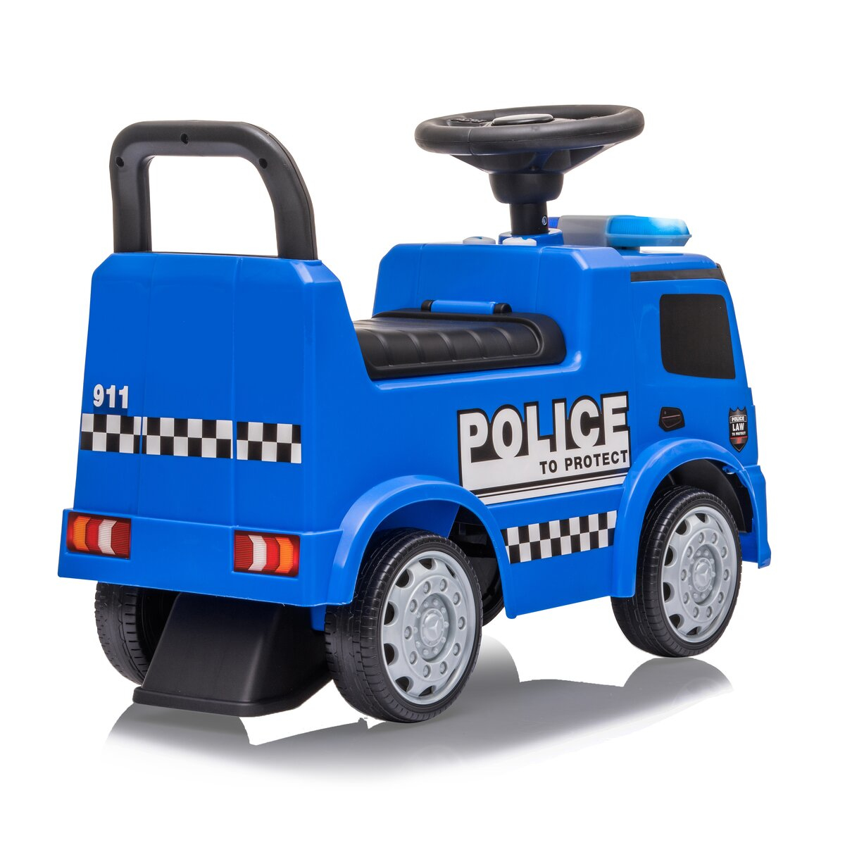 Blauer Spielzeug-Polizeitruck mit schwarzem Griff und Rädern.