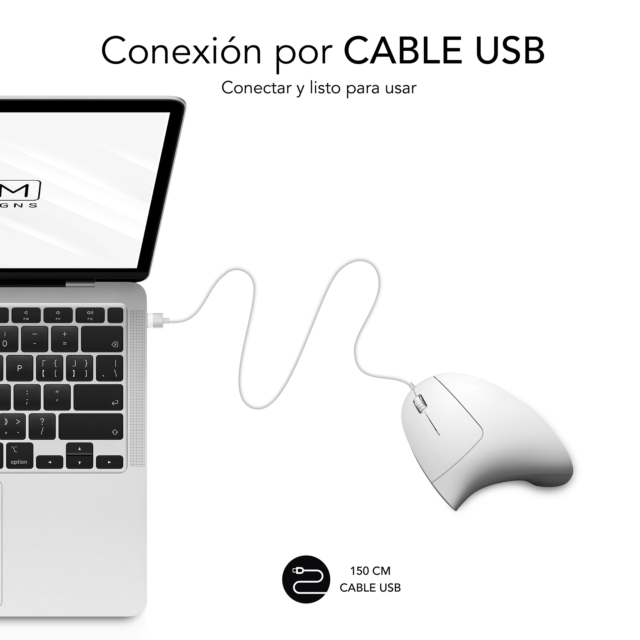 Laptop collegato a mouse bianco con cavo USB. Testo: Connessione tramite cavo USB, collega e usa.