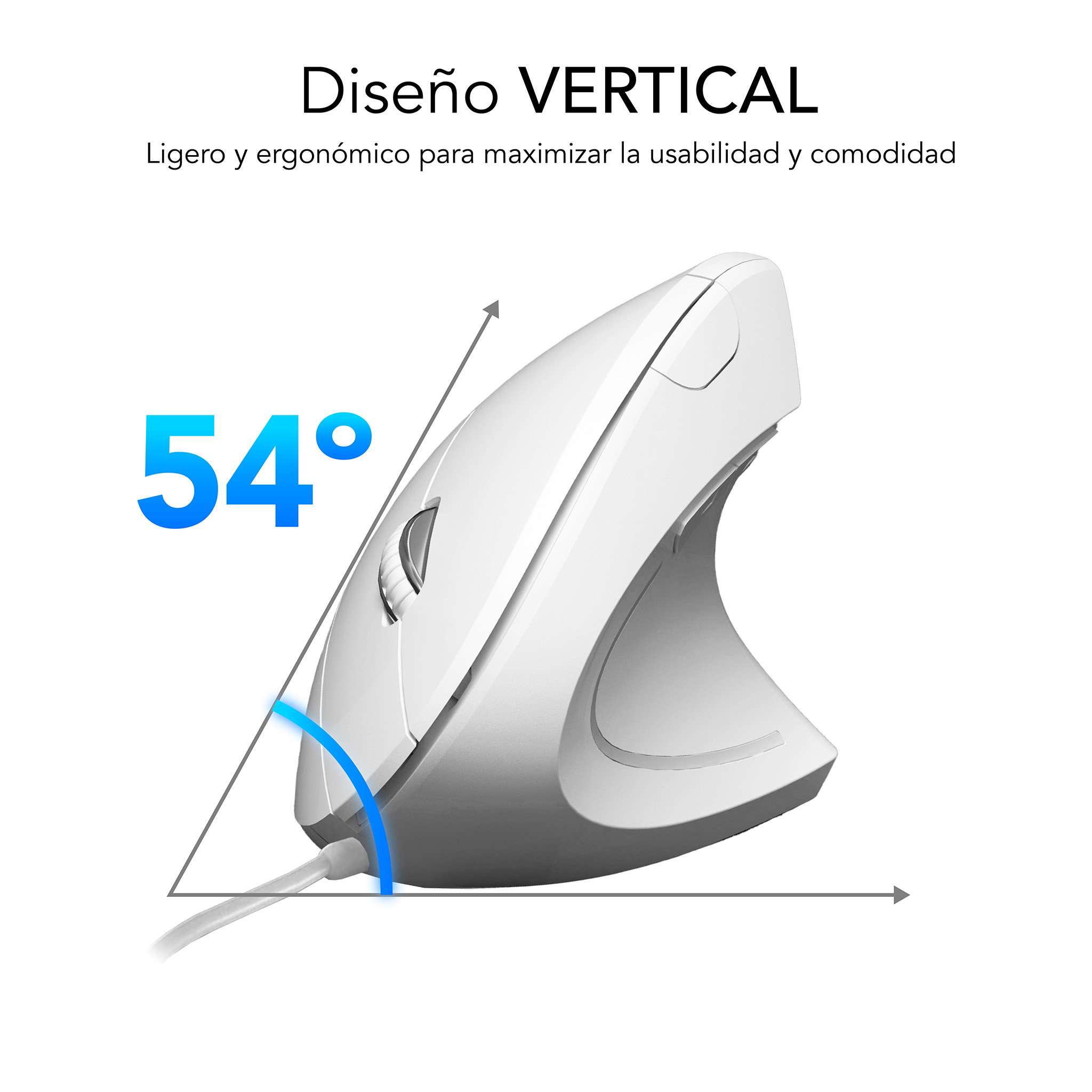 Mouse ergonomico bianco con un angolo di 54 gradi. Il design è verticale e angolato, con un cavo.