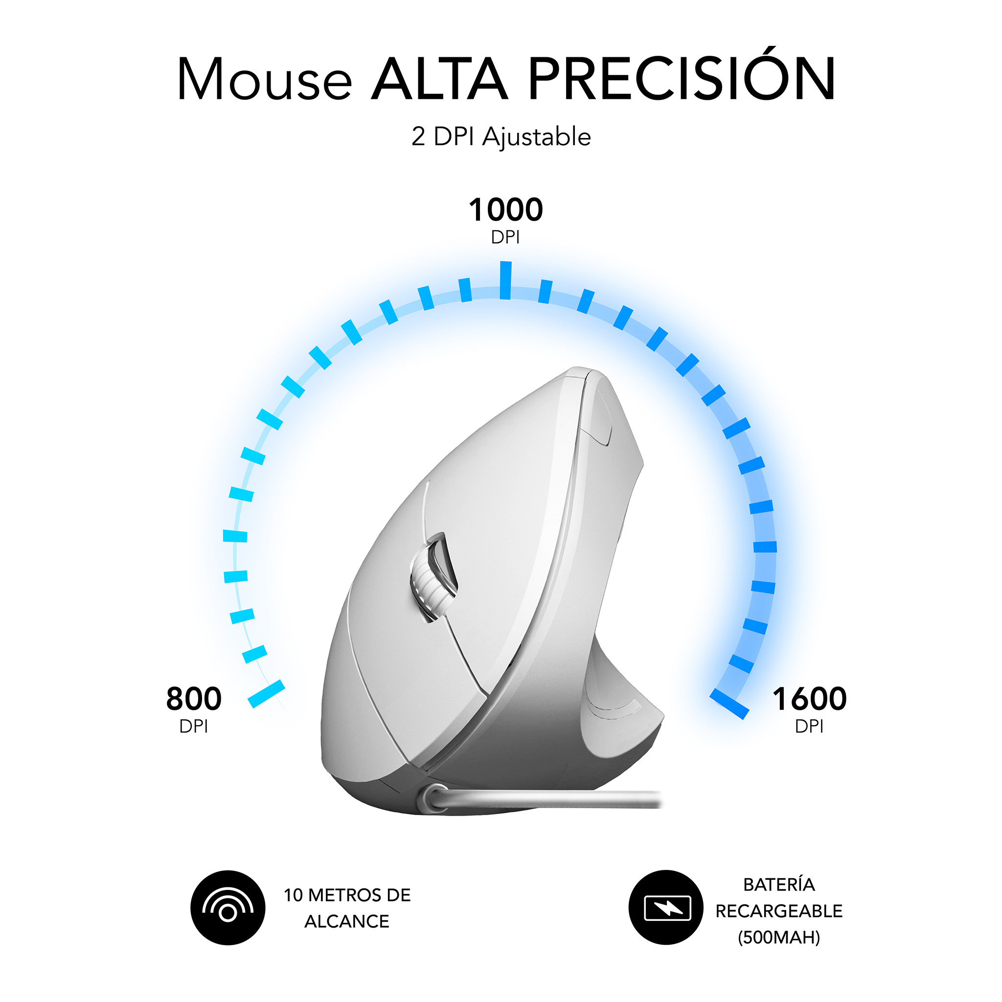 Mouse ergonomico bianco con impostazioni DPI regolabili. Il testo dice mouse, Alta Precisión e livelli DPI.