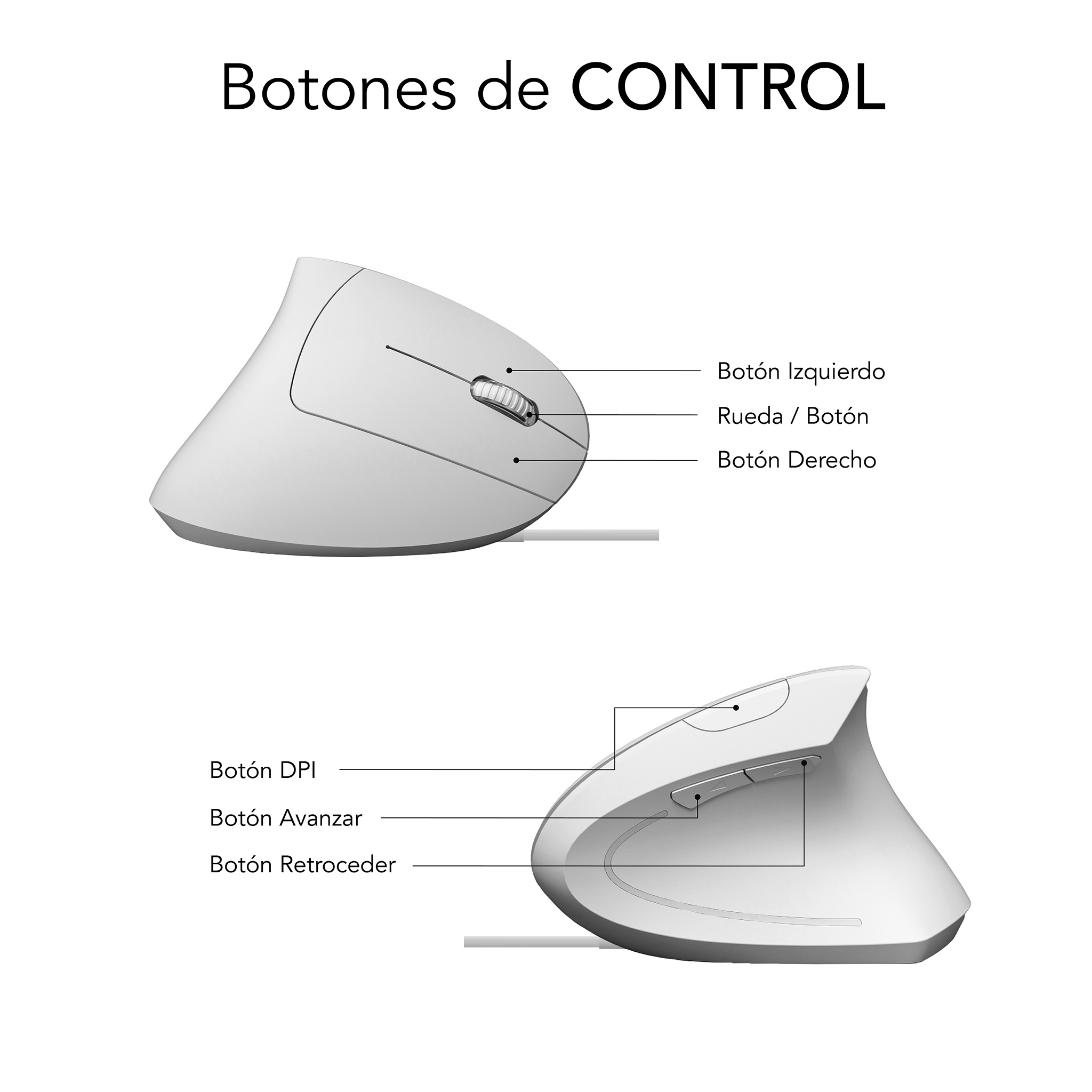 Diagramma di un mouse verticale con pulsanti di controllo etichettati. Sinistra, destra, DPI, avanti, indietro.