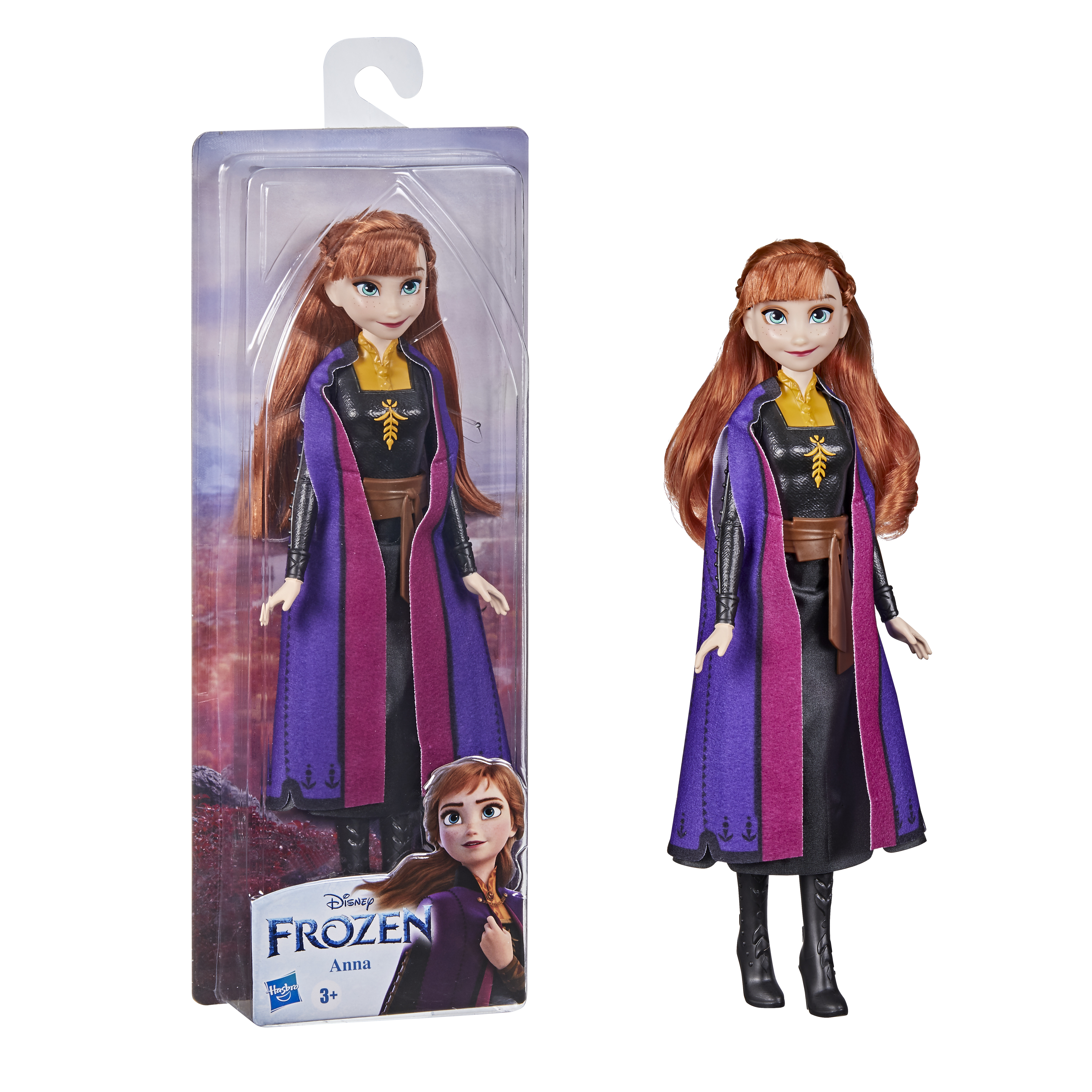Bambola Anna di Frozen nella confezione e separatamente. Anna indossa un mantello viola, un vestito nero e ha i capelli rossi. Confezione visibile.