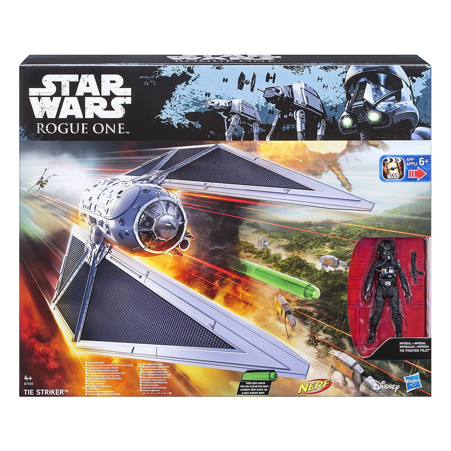 Eine Star Wars-Spielzeugkiste zeigt einen TIE Striker mit einer Figur und einem Hintergrund einer Kampfszene.