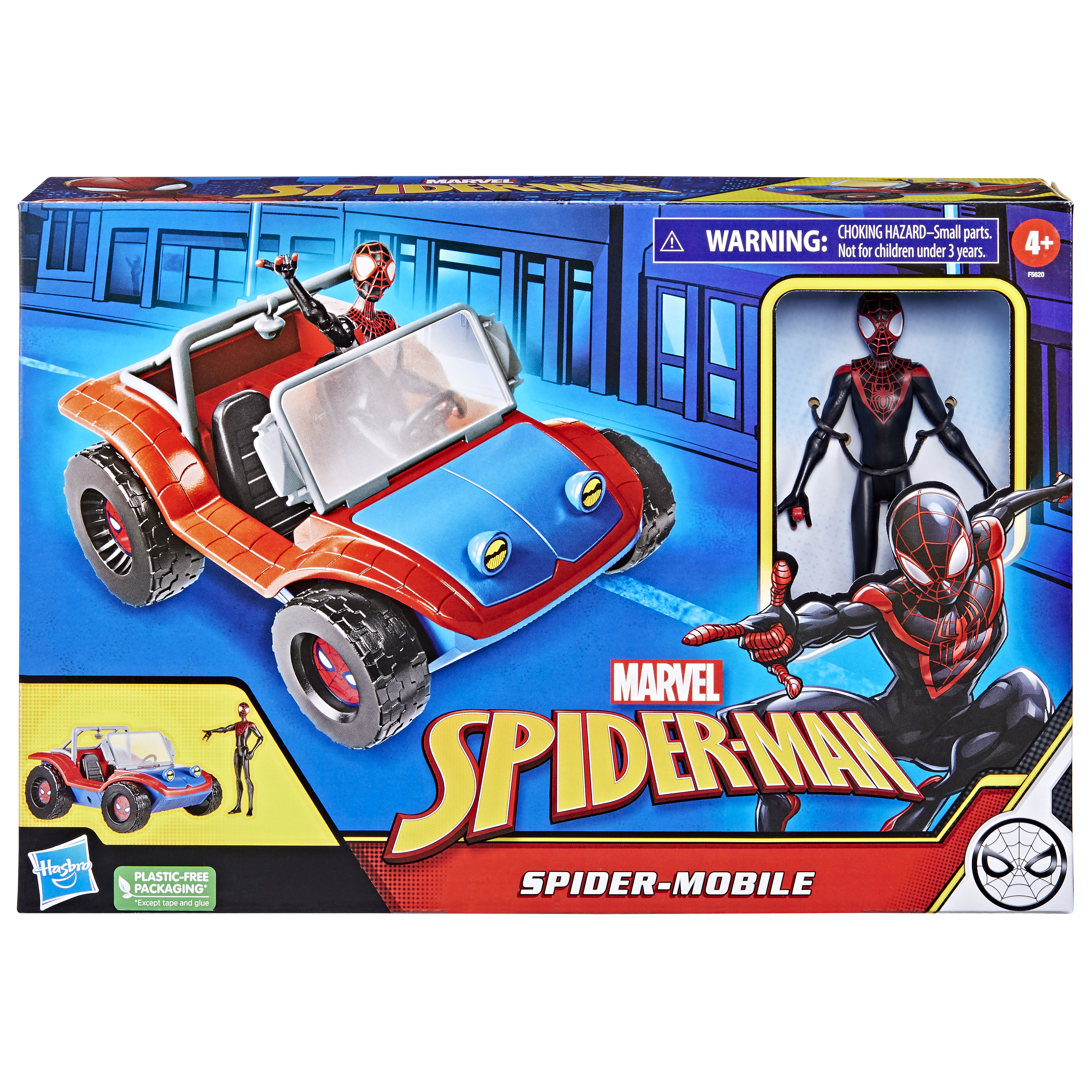 Set de juguetes de Spider-Man en una caja. Incluye un Spider-Móvil rojo y azul y una figura.