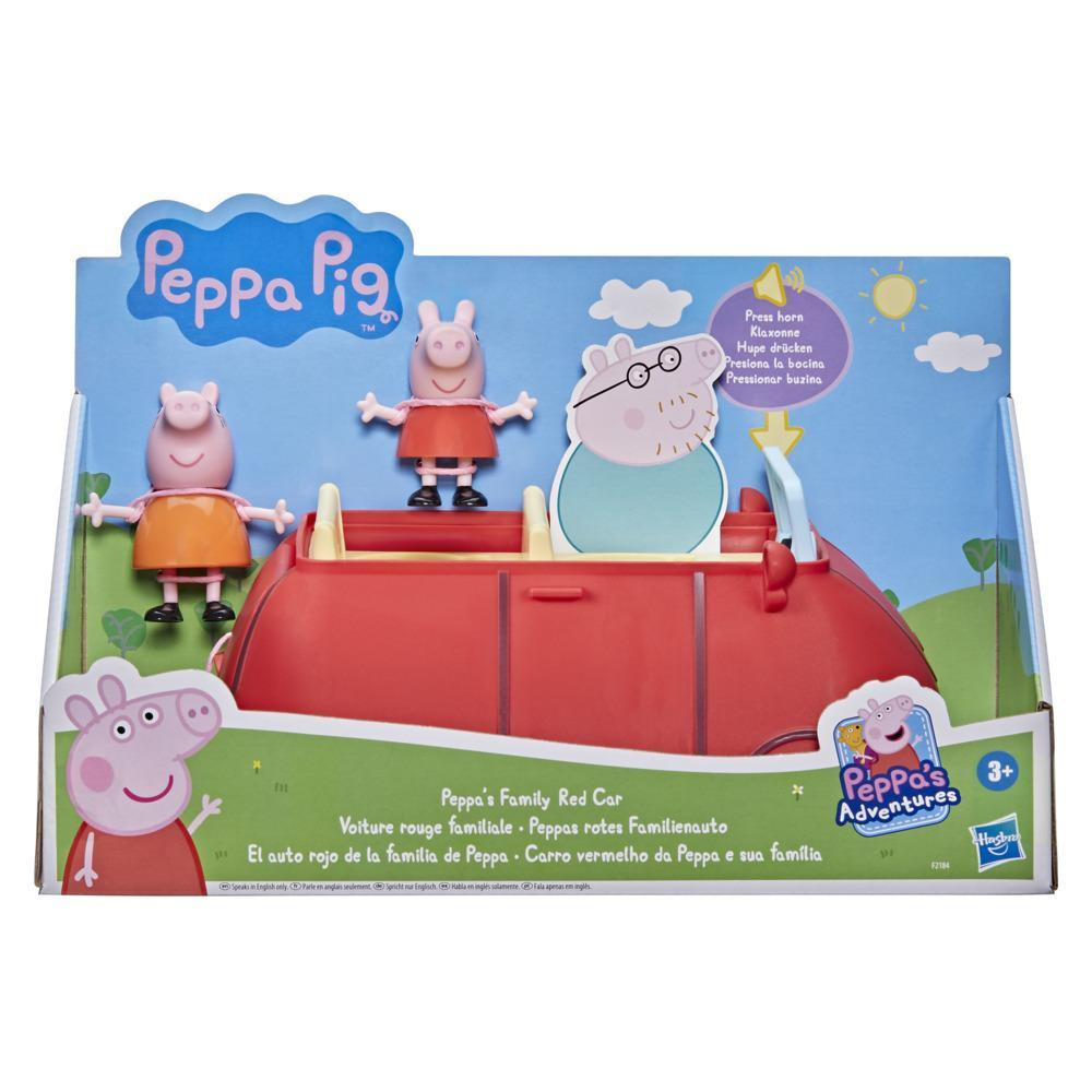 Set de juguetes de Peppa Pig con Peppa, George y Papá Pig en un coche descapotable rojo.