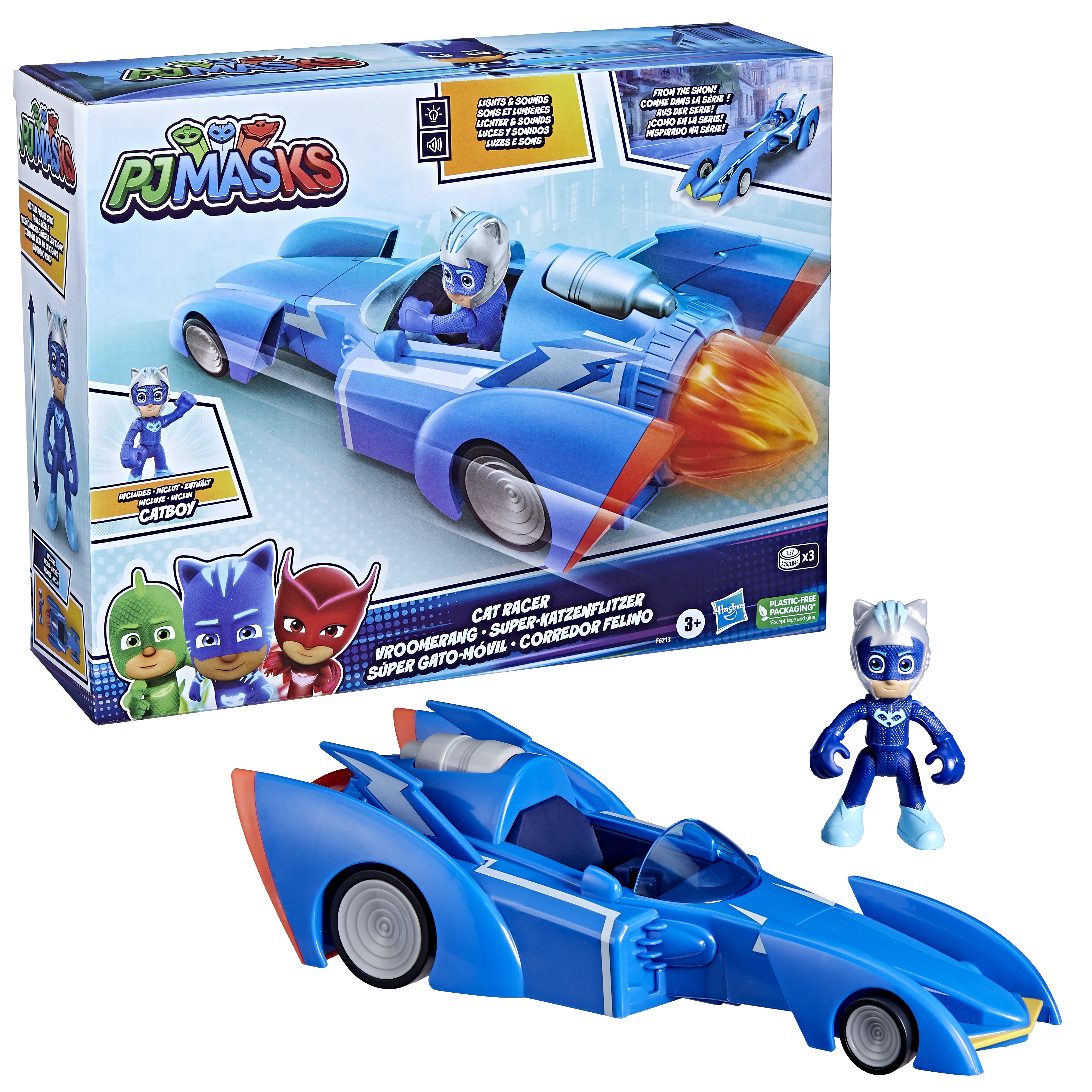 Zabawka PJ Masks Catboy i Cat-Car. Cat-Car ma niebieski płomień.