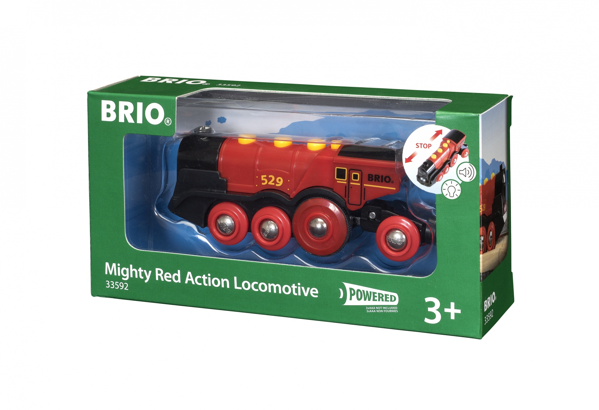 Pudełko z zabawką Brio z czerwonym pociągiem Mighty Red Action Locomotive.