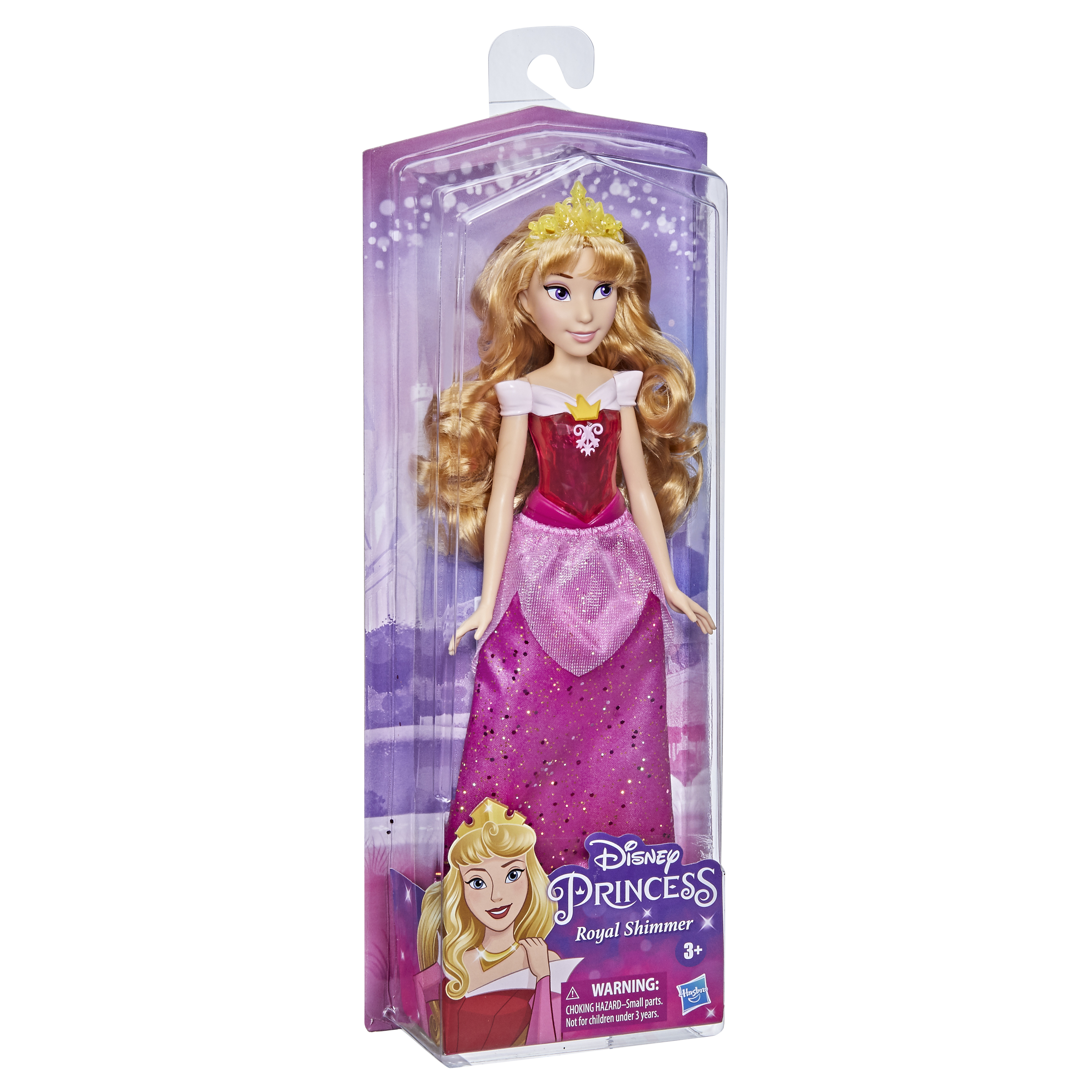 Bambola Disney Principessa Aurora nella confezione. Lunghi capelli biondi, vestito rosa. Imballaggio viola.
