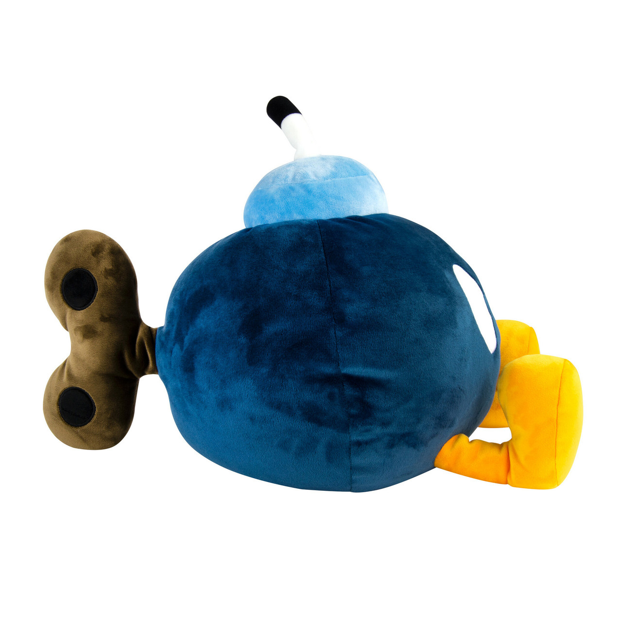 Un giocattolo a forma di bomba di peluche blu con braccia gialle e una miccia bianca e nera.