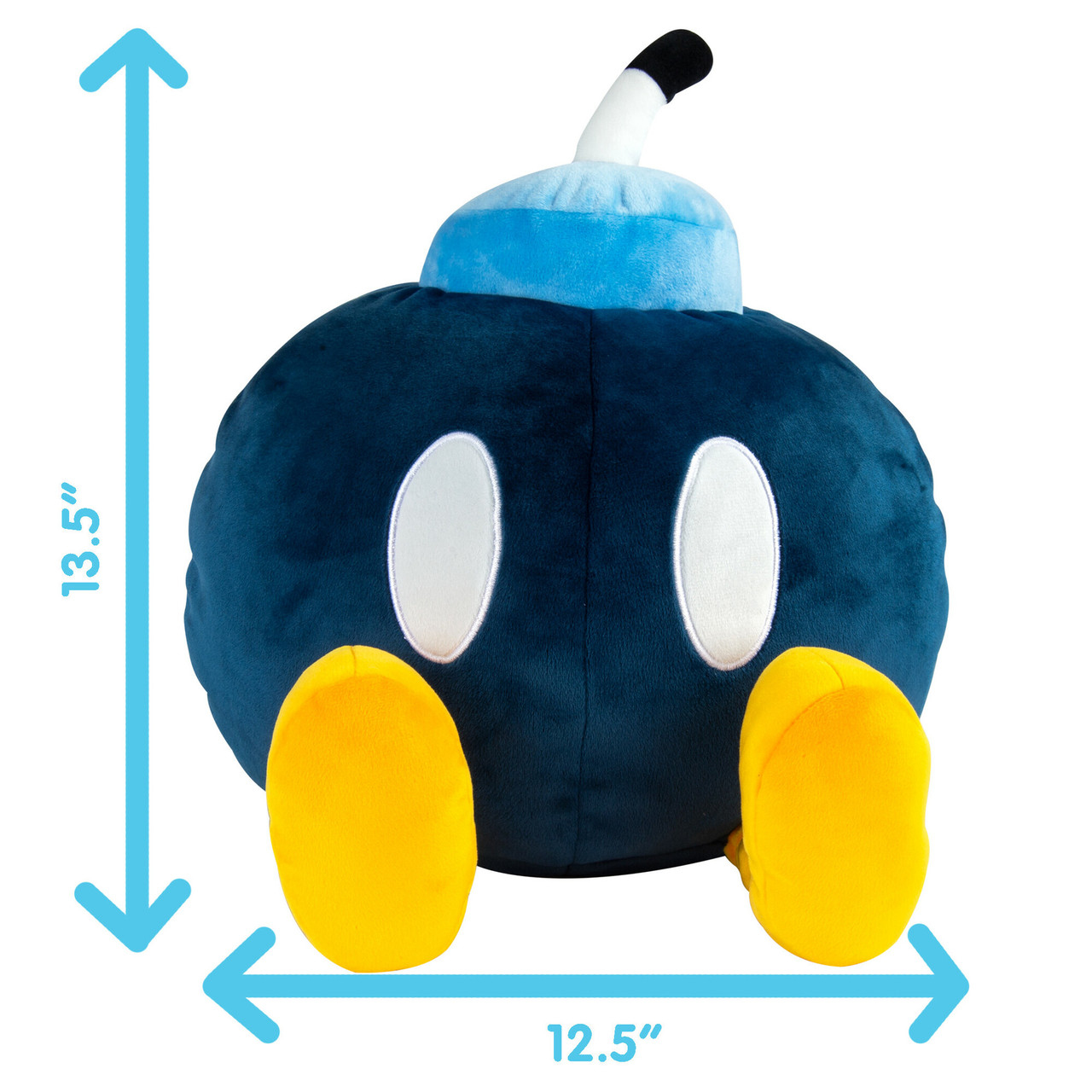 Un peluche a forma di bomba, con piedi gialli. Il giocattolo è blu scuro e ha occhi bianchi.