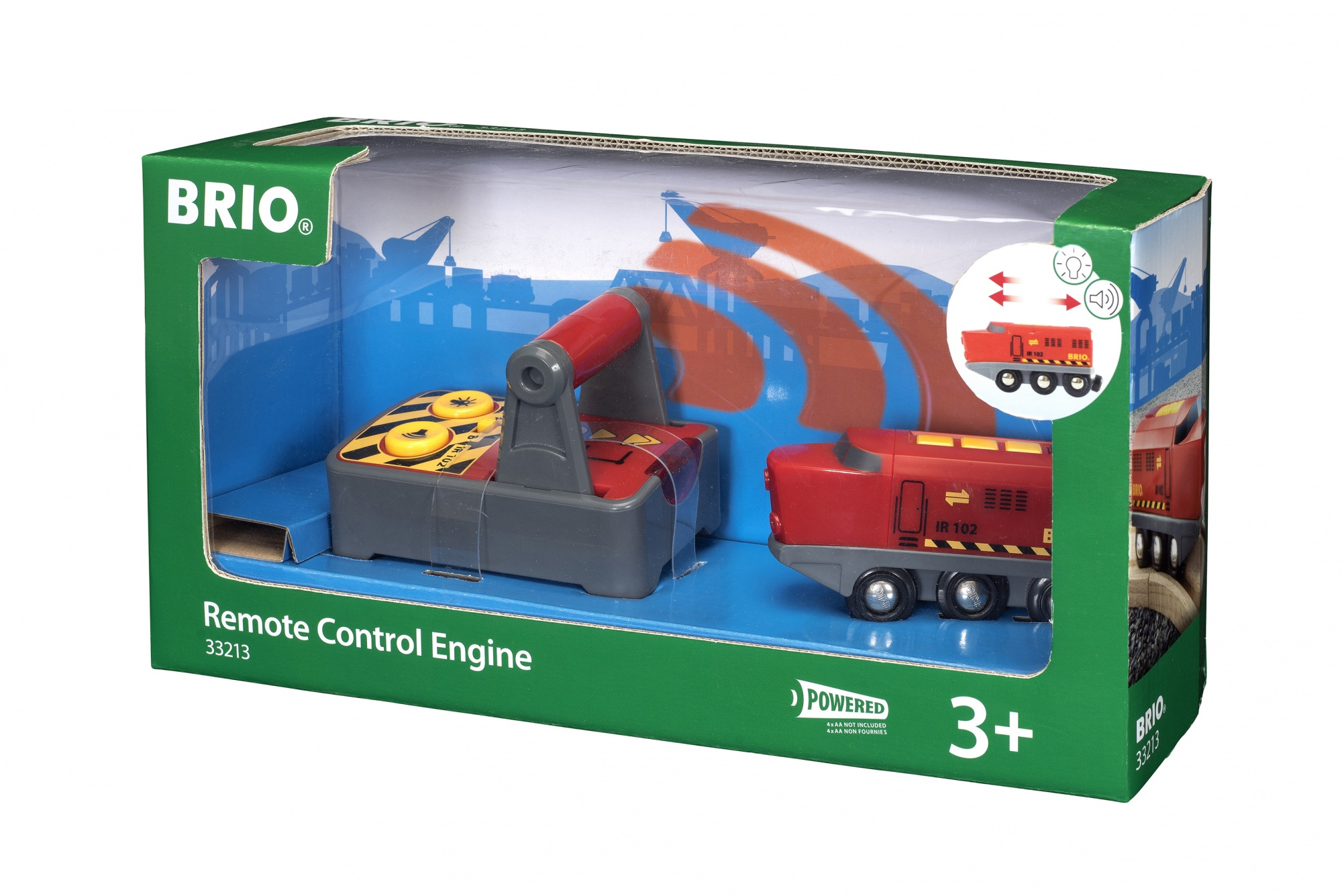 Brio-Spielzeugbox mit einem roten ferngesteuerten Triebwagen und Fernbedienung.