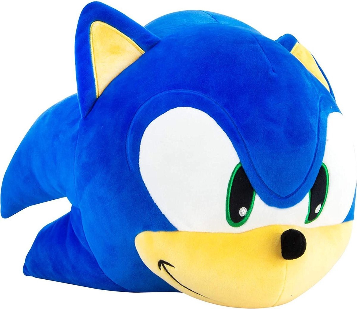 Grande peluche blu di Sonic. Faccia bianca, scarpe rosse e orecchie gialle. Sdraiato.
