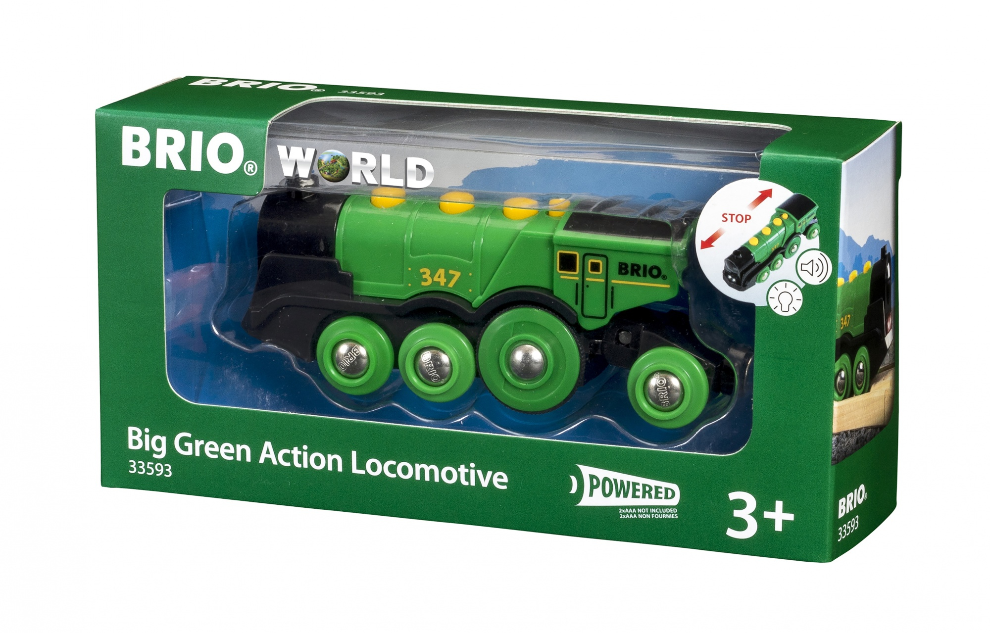 Brio-Spielzeugbox mit einem grünen Big Green Action Locomotive-Zug.