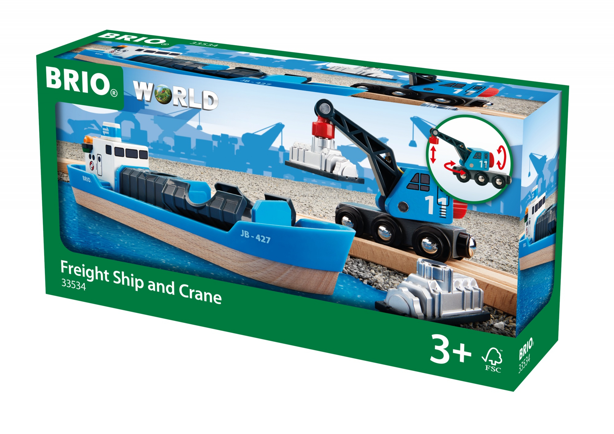 Eine Brio-Spielzeugschachtel mit einem blauen Frachtschiff und einem blauen Kran-Set.