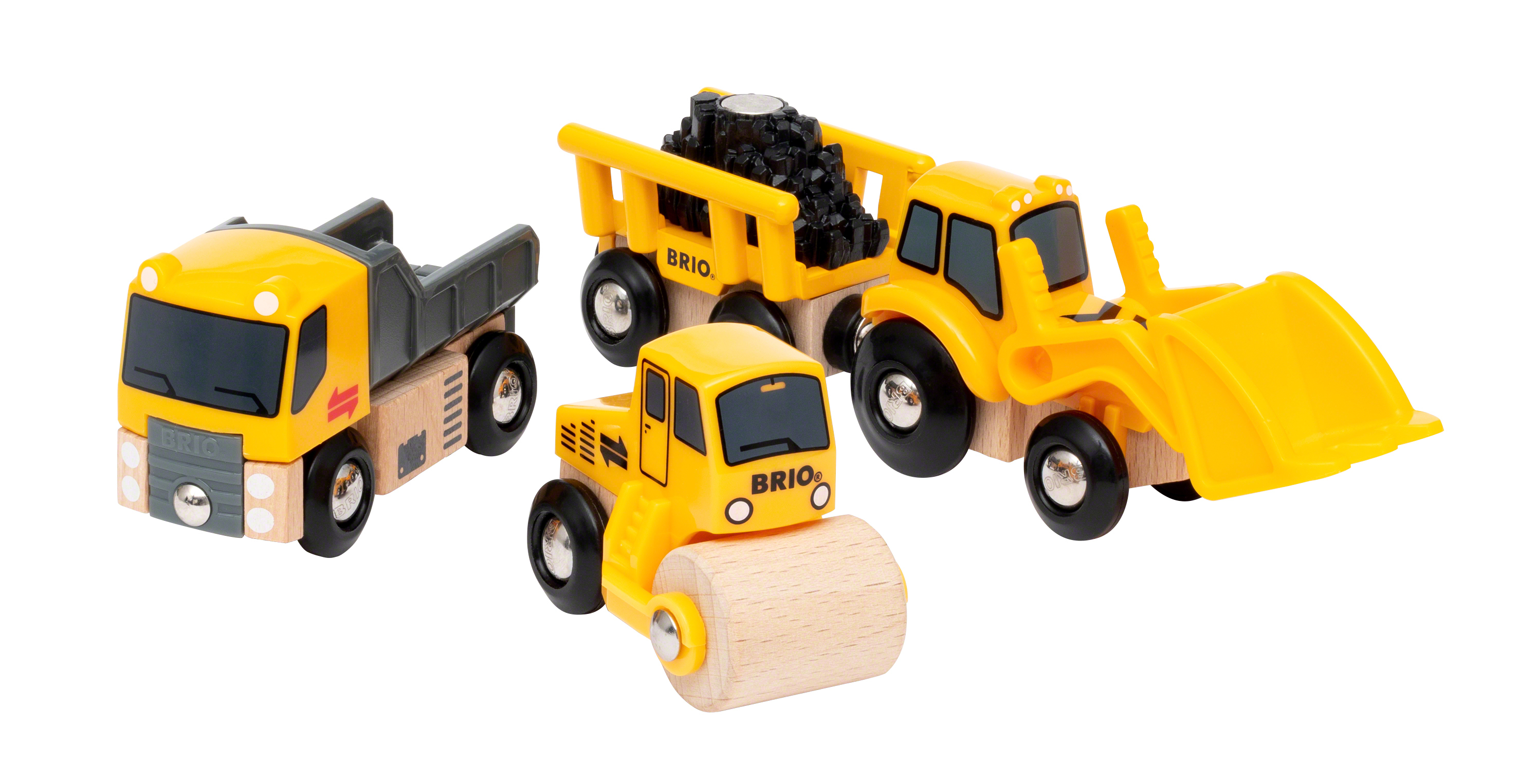 Veicoli da cantiere giocattolo in legno. Include un dumper, un rullo compressore, una pala gommata e un camion.