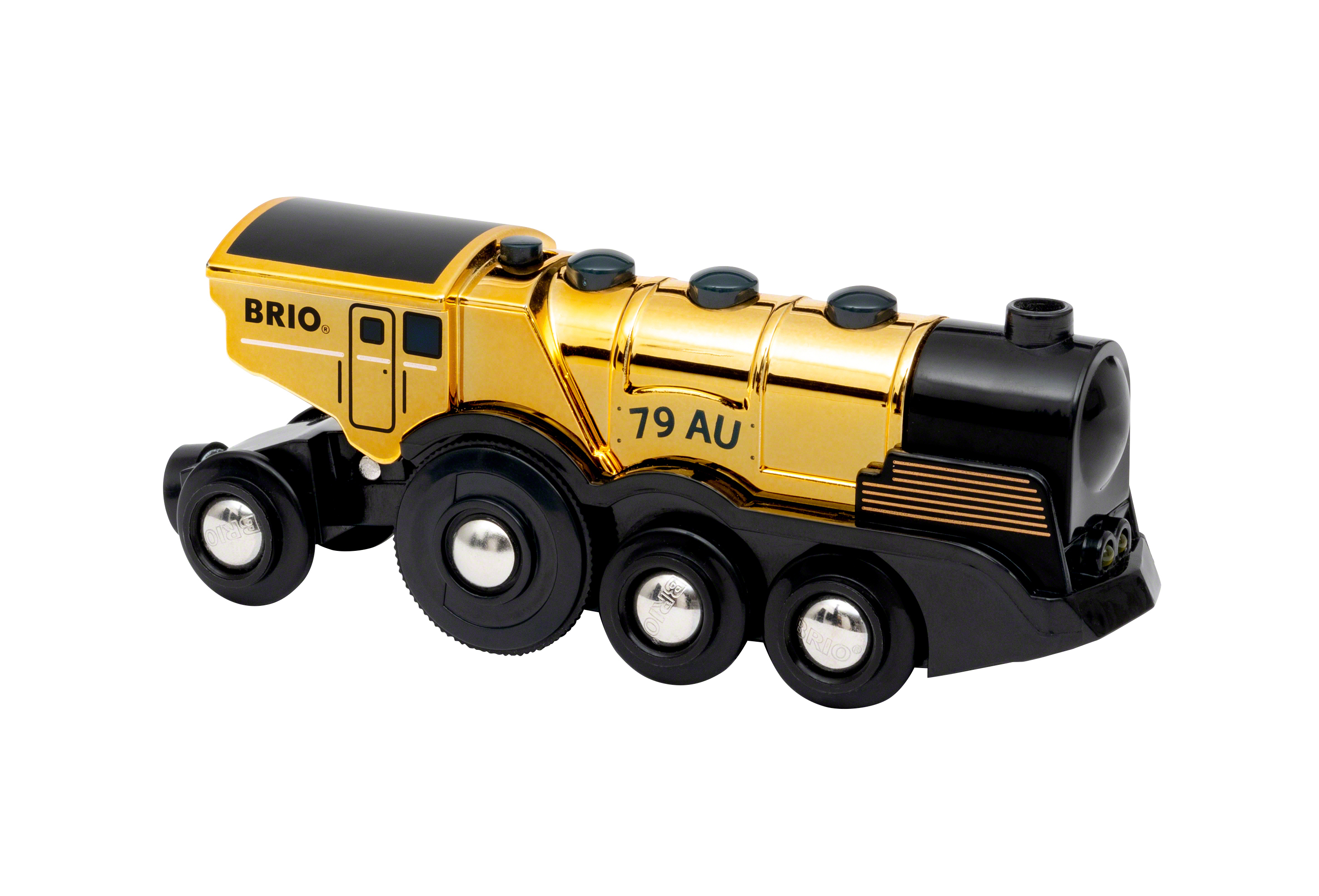 Un trenino giocattolo oro e nero con la scritta 'BRIO' e '79 AU' stampata, isolato su bianco.