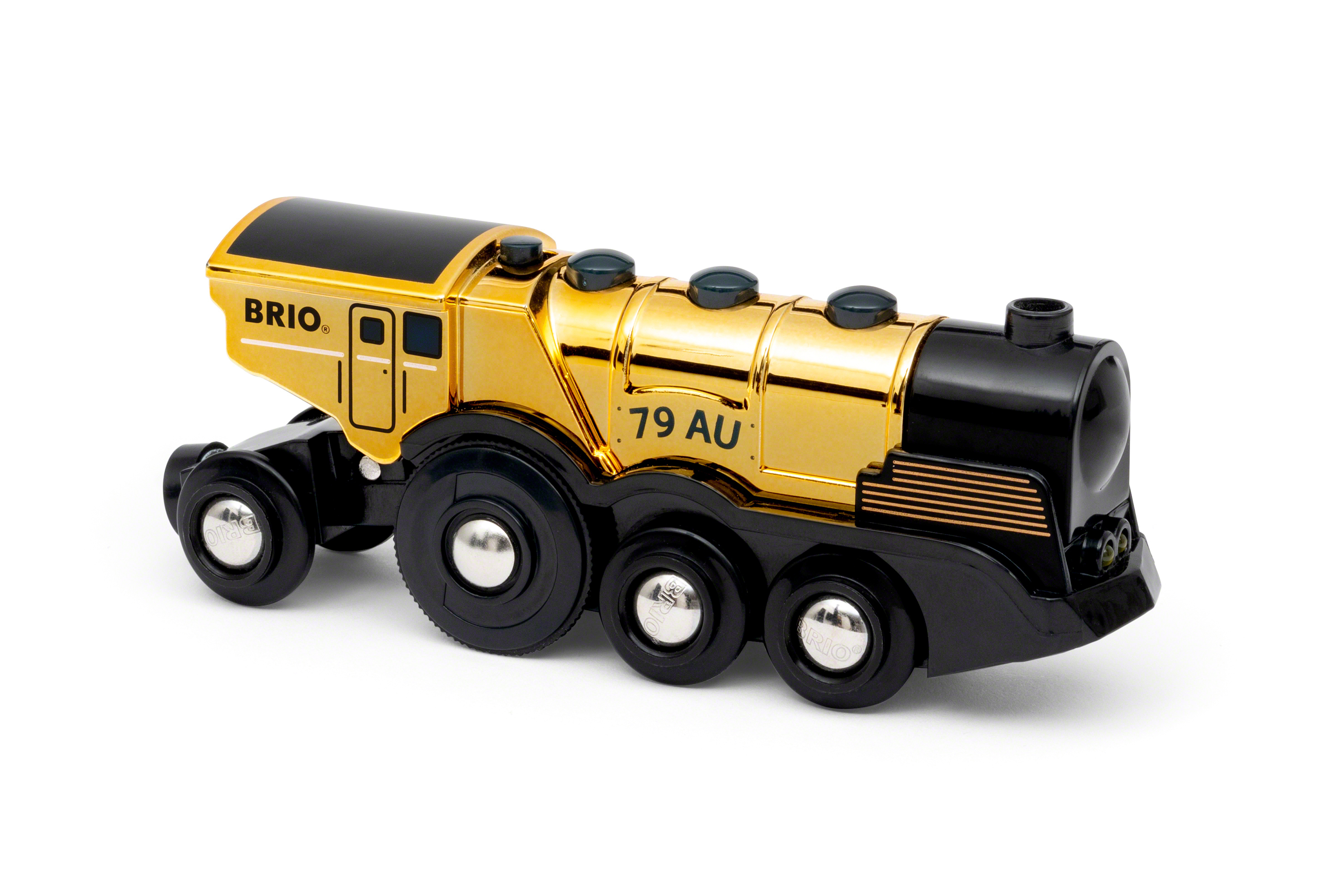Un trenino Brio oro e nero con il numero 79 AU sul lato.