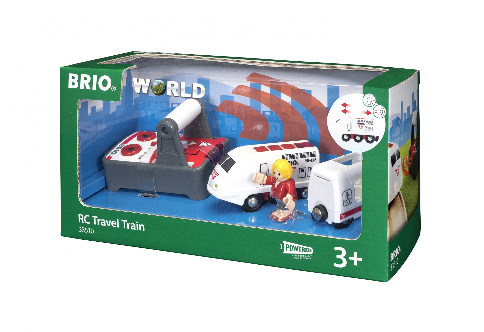 Scatola di giocattoli Brio con un set di treni RC Travel e un telecomando.