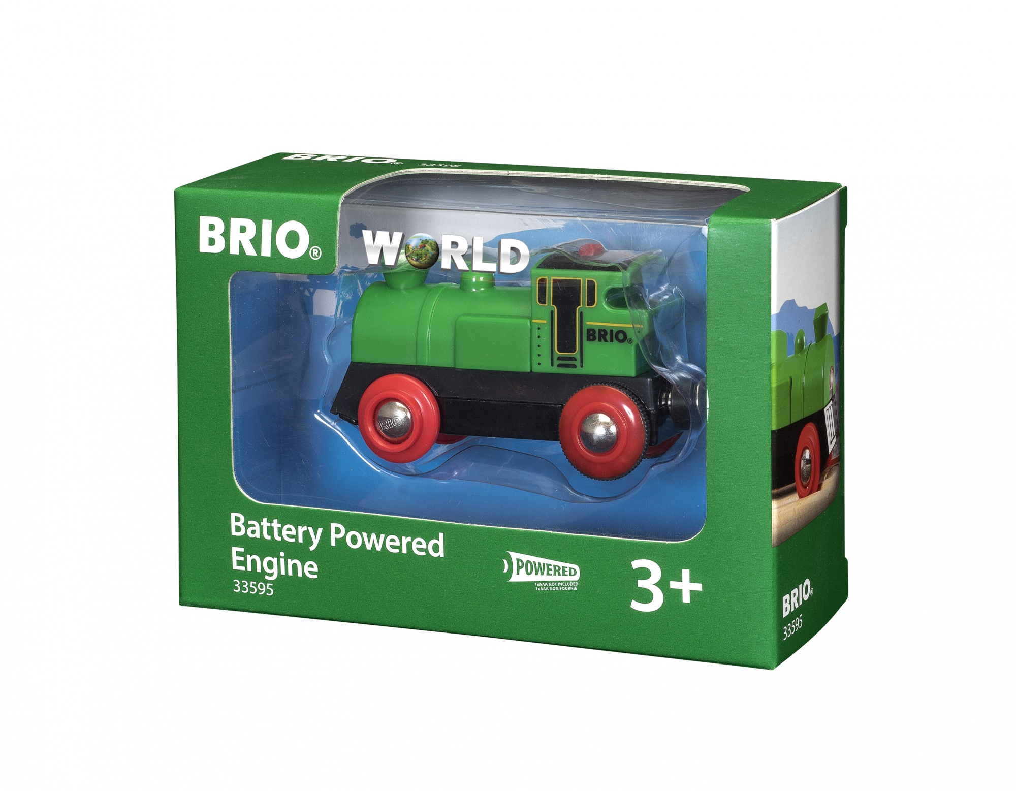 Brio-Spielzeugbox mit einem batteriebetriebenen Triebwagen.