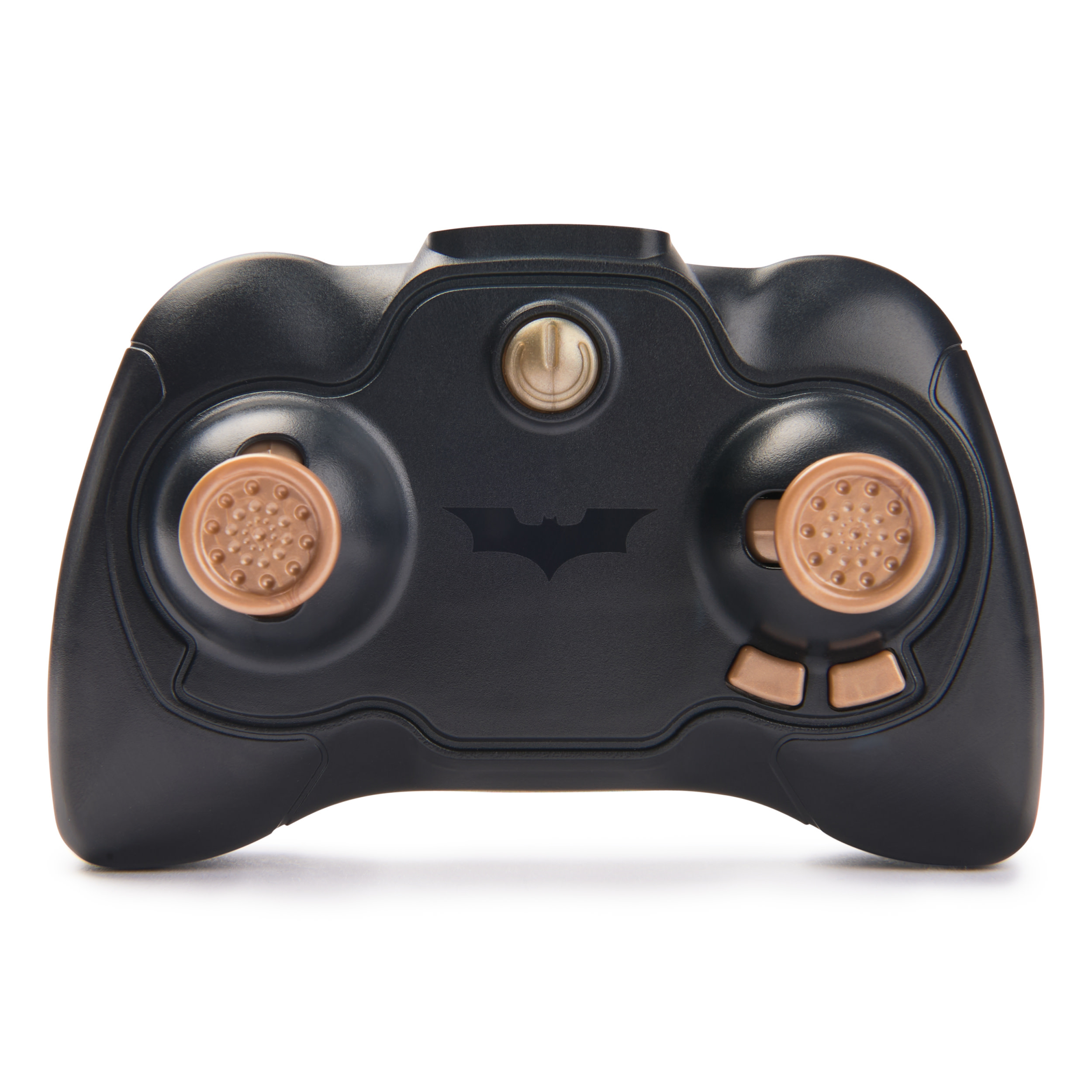 Controlador negro temático de Batman con dos joysticks marrones, el logo de Batman y botones de encendido/acción. Fondo blanco.