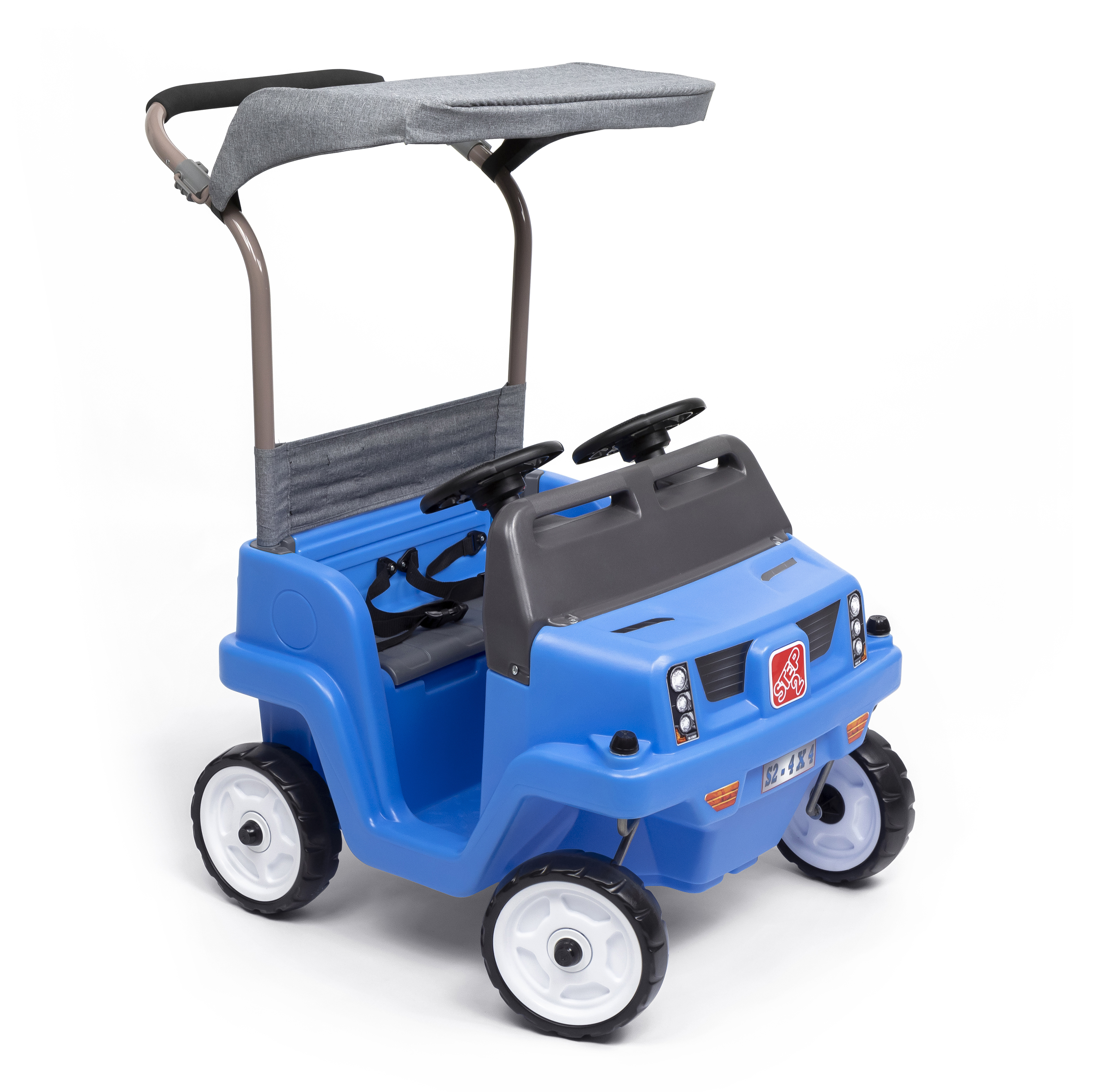 Ein blaues Spielzeugauto mit grauem Verdeck und Schiebegriff. Es hat ein Lenkrad und weiße Räder.