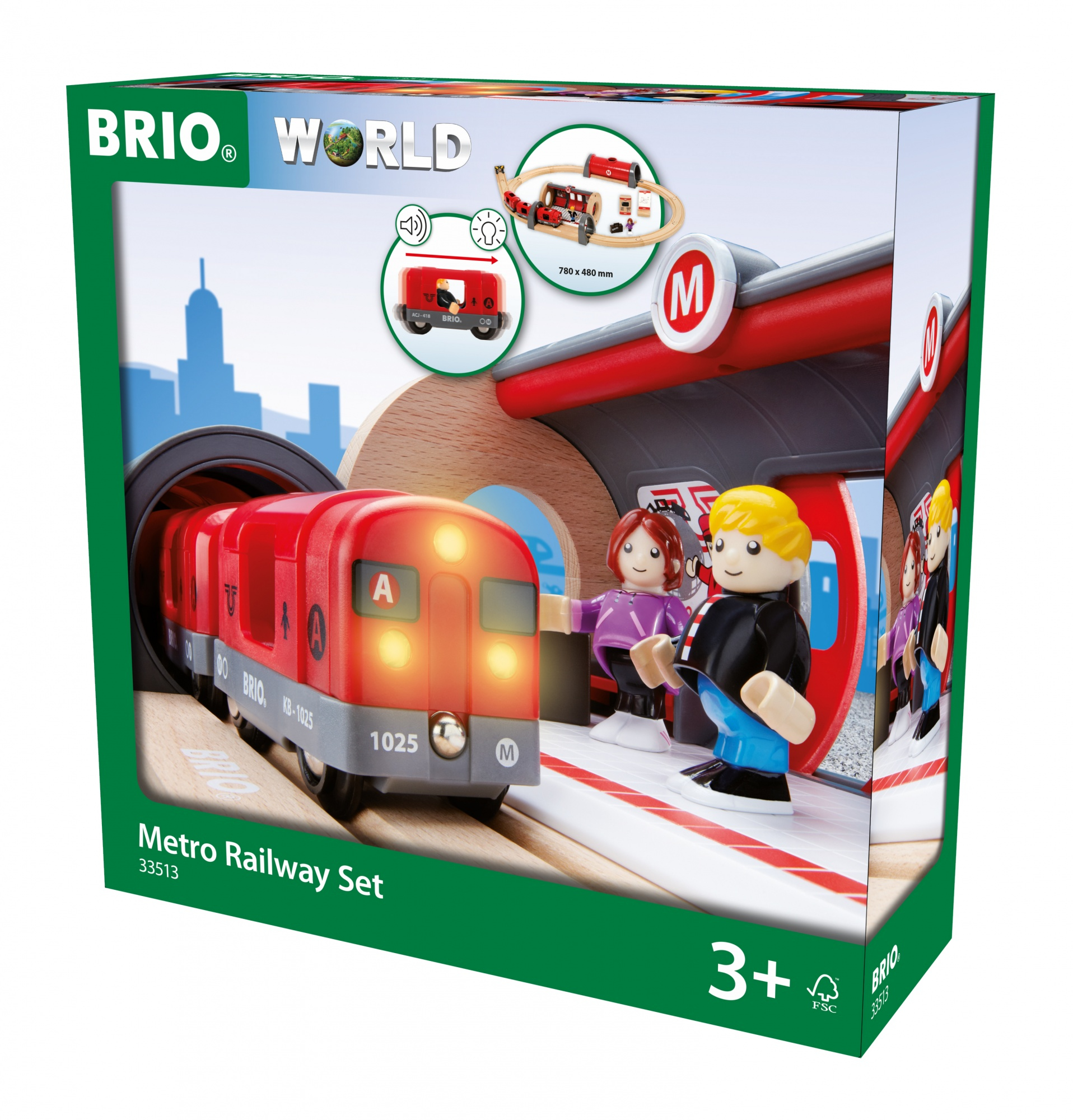 Pudełko Brio Metro Railway Set, z czerwonym pociągiem, stacją i figurkami.