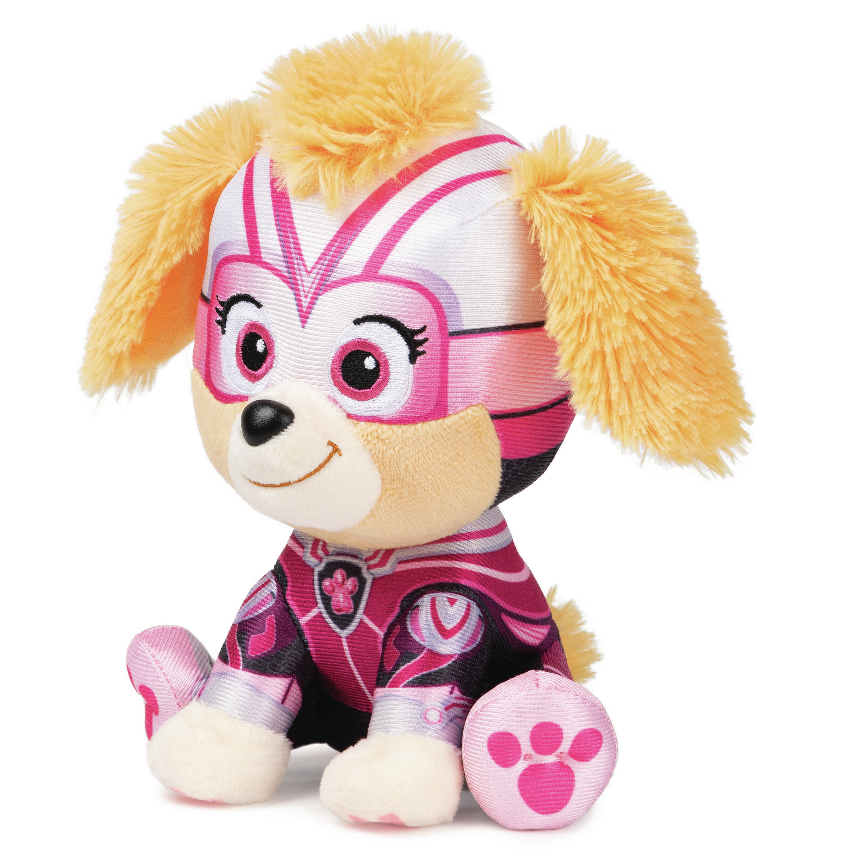 Paw Patrol Skye Plüschtier. Rosa und weißes Outfit mit pinkfarbenem Pfotenabdruck unten.