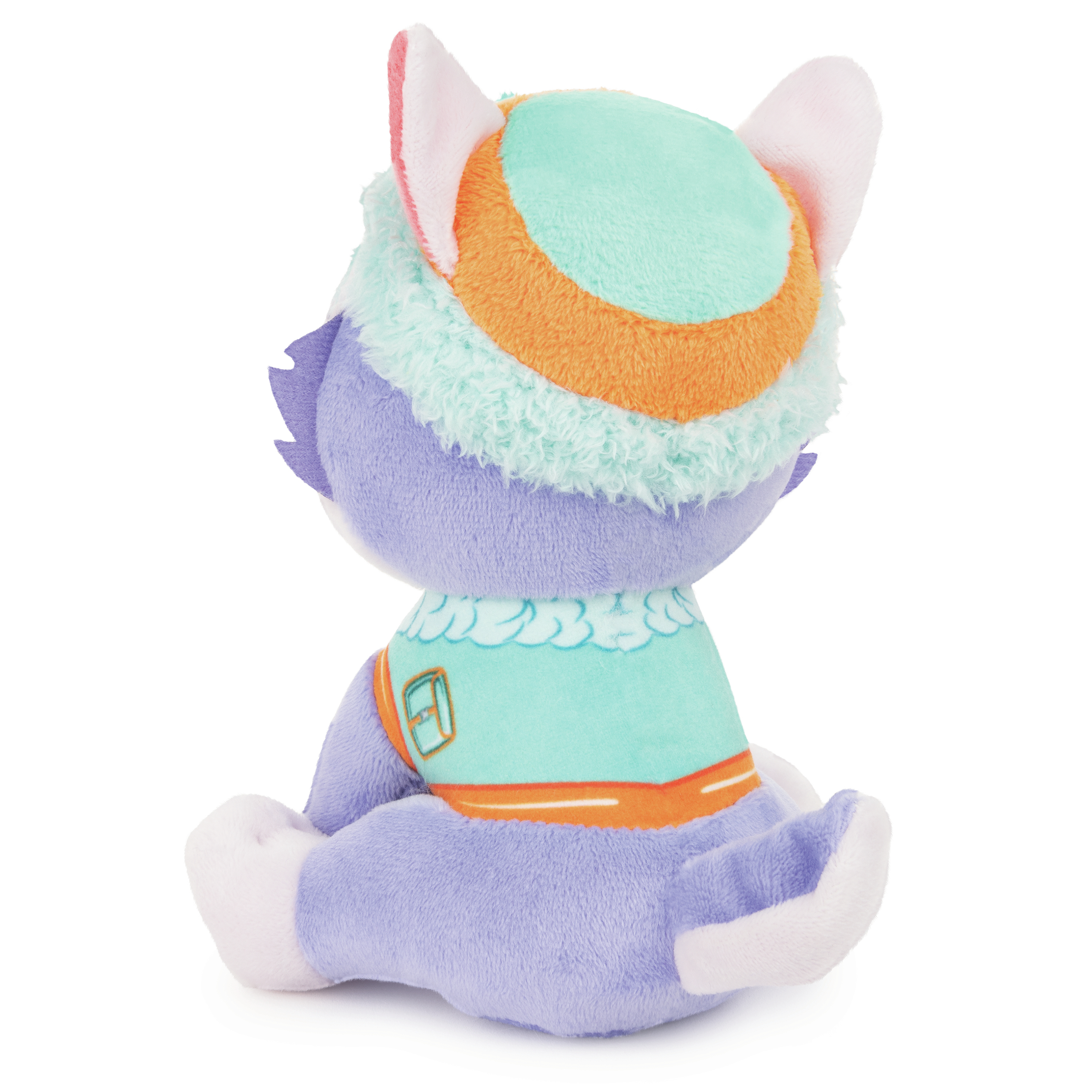 Lila Katzen-Plüschtier mit teal-farbenem und orangefarbenem Hut. Es sitzt, von hinten gesehen, mit weißen Ohren.